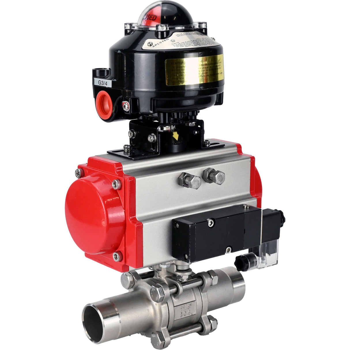 Vannes à boisseau sphérique Elephant BV3131P(3pc)-FP-W-ISO-H LONG passage intégral, corps - acier inoxydable 304, à souder, avec actionneur pneumatique Elephant PA-SA, distributeur pneumatique 4M310-08 220V et bloc de fin de course APL-510N EX