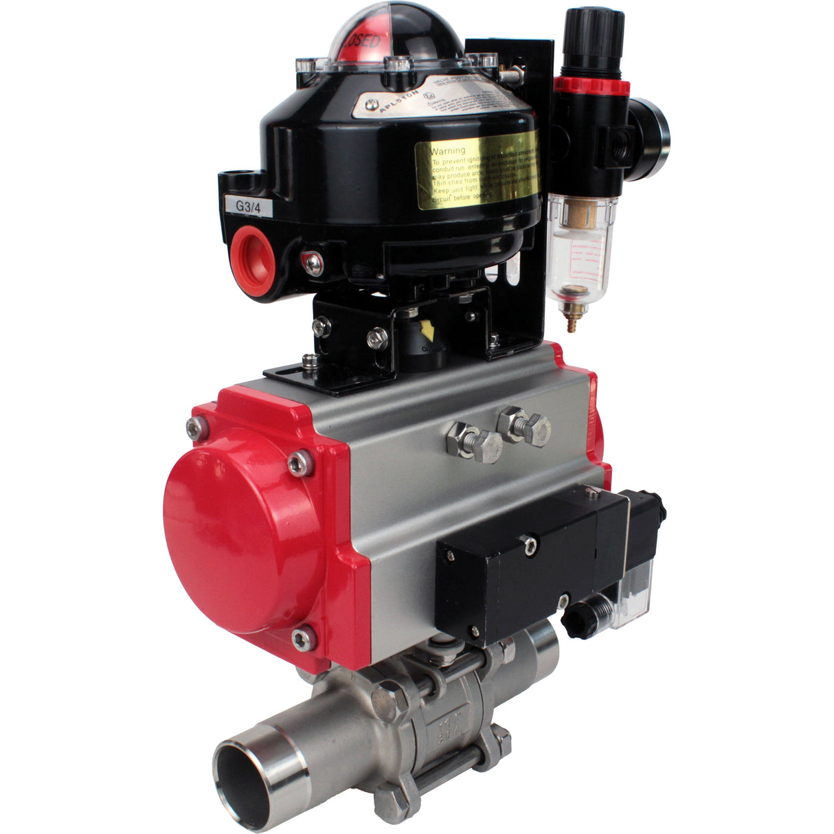 Robinets à boisseau sphérique Elephant BV3232P(3pc)-FP-W-ISO-H LONG DN10-150 passage intégral, corps - acier inoxydable 316, à souder, avec actionneur pneumatique PA-DA, distributeur pneumatique 4M310-08 220V, BKV APL-510N EX et GSV AFC2000