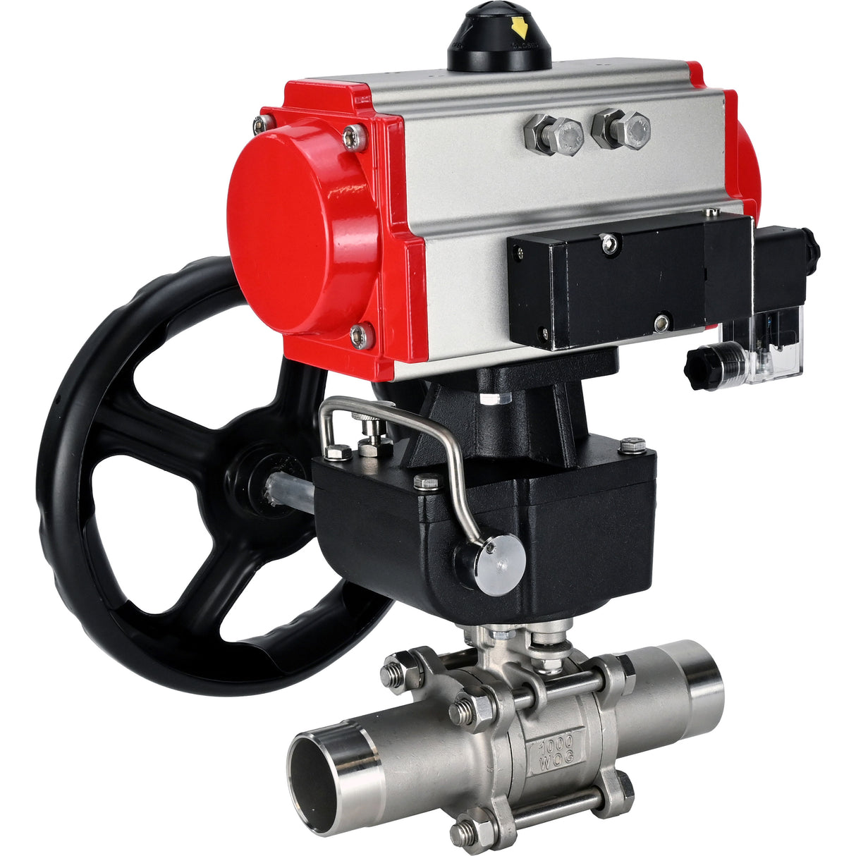 Vannes à boisseau sphérique Elephant BV3131P(3pc)-FP-W-ISO-H LONG à passage intégral, corps - acier inoxydable 304, à souder, avec actionneur pneumatique PA-DA, distributeur pneumatique 4M310-08 220V et réducteur MON