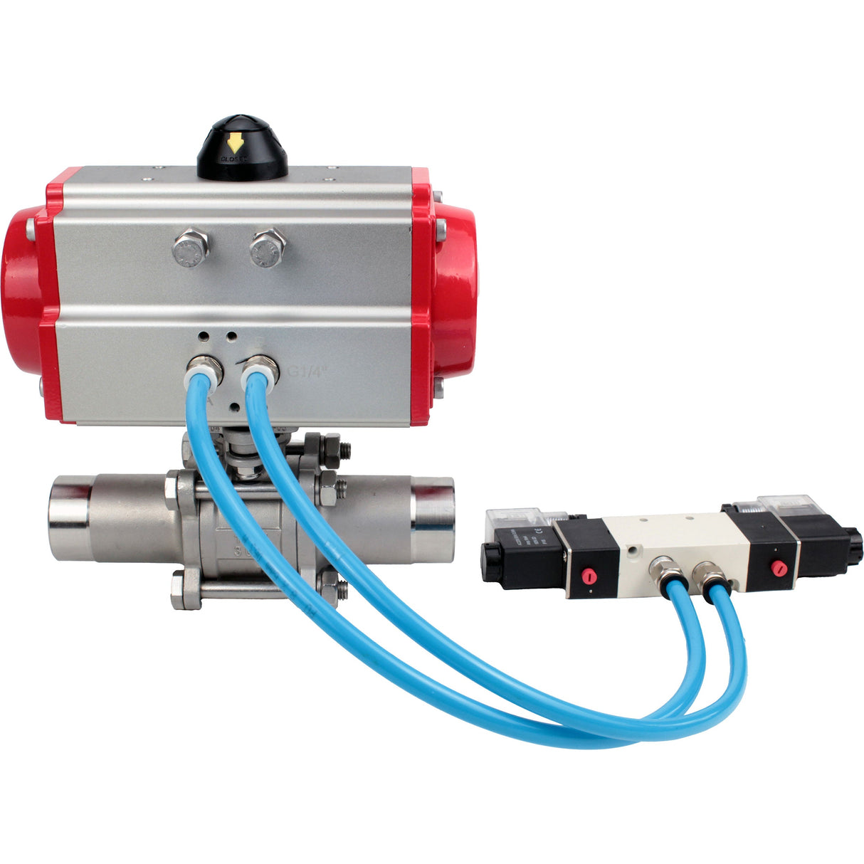 Vannes à boisseau sphérique Elephant BV3232P(3pc)-FP-W-ISO-H LONG passage intégral, corps - acier inoxydable 316, à souder, avec actionneur pneumatique Elephant PA-SA et distributeur pneumatique 4V320-08 220V