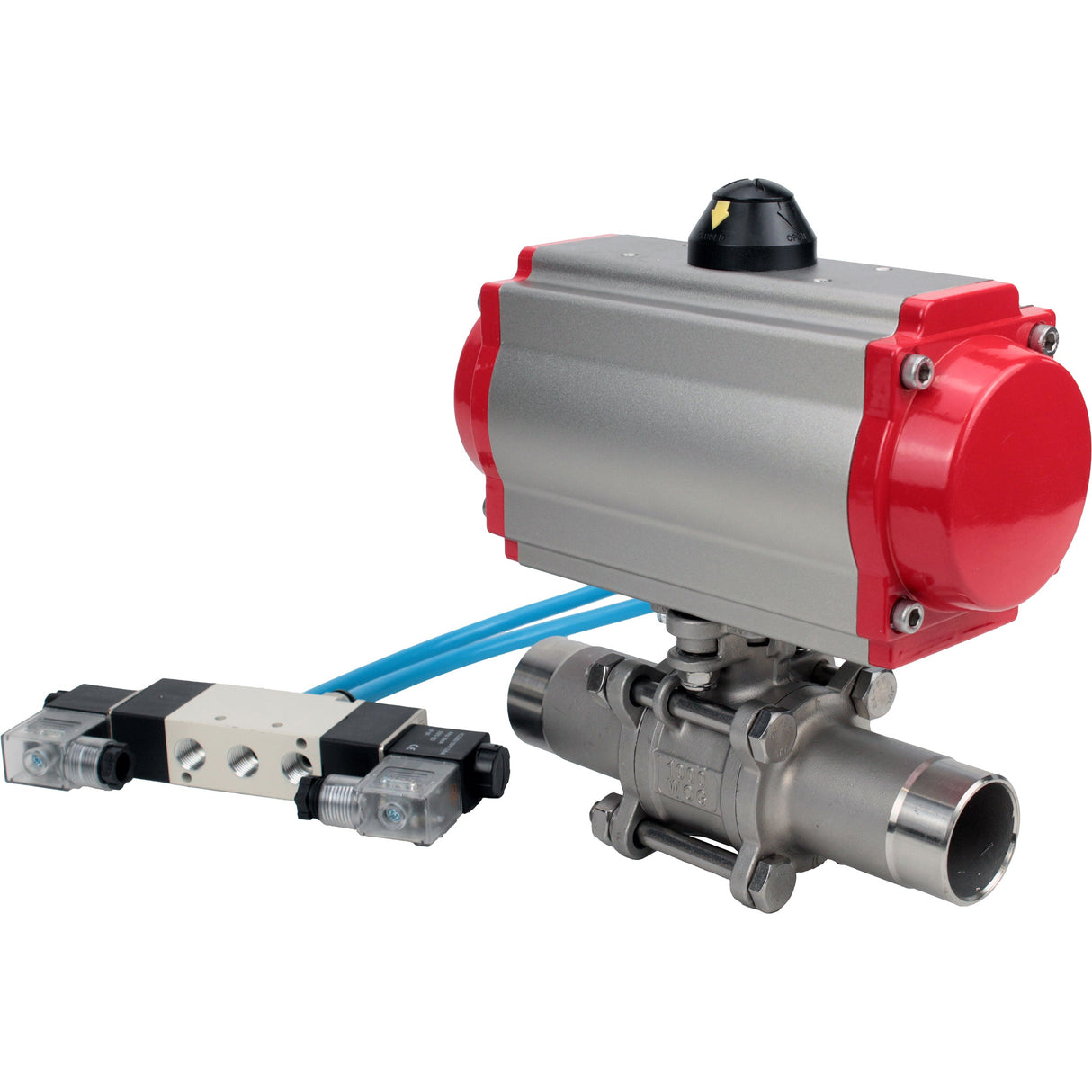 Vannes à boisseau sphérique Elephant BV3232P(3pc)-FP-W-ISO-H LONG passage intégral, corps - acier inoxydable 316, à souder, avec actionneur pneumatique Elephant PA-SA et distributeur pneumatique 4V320-10 220V