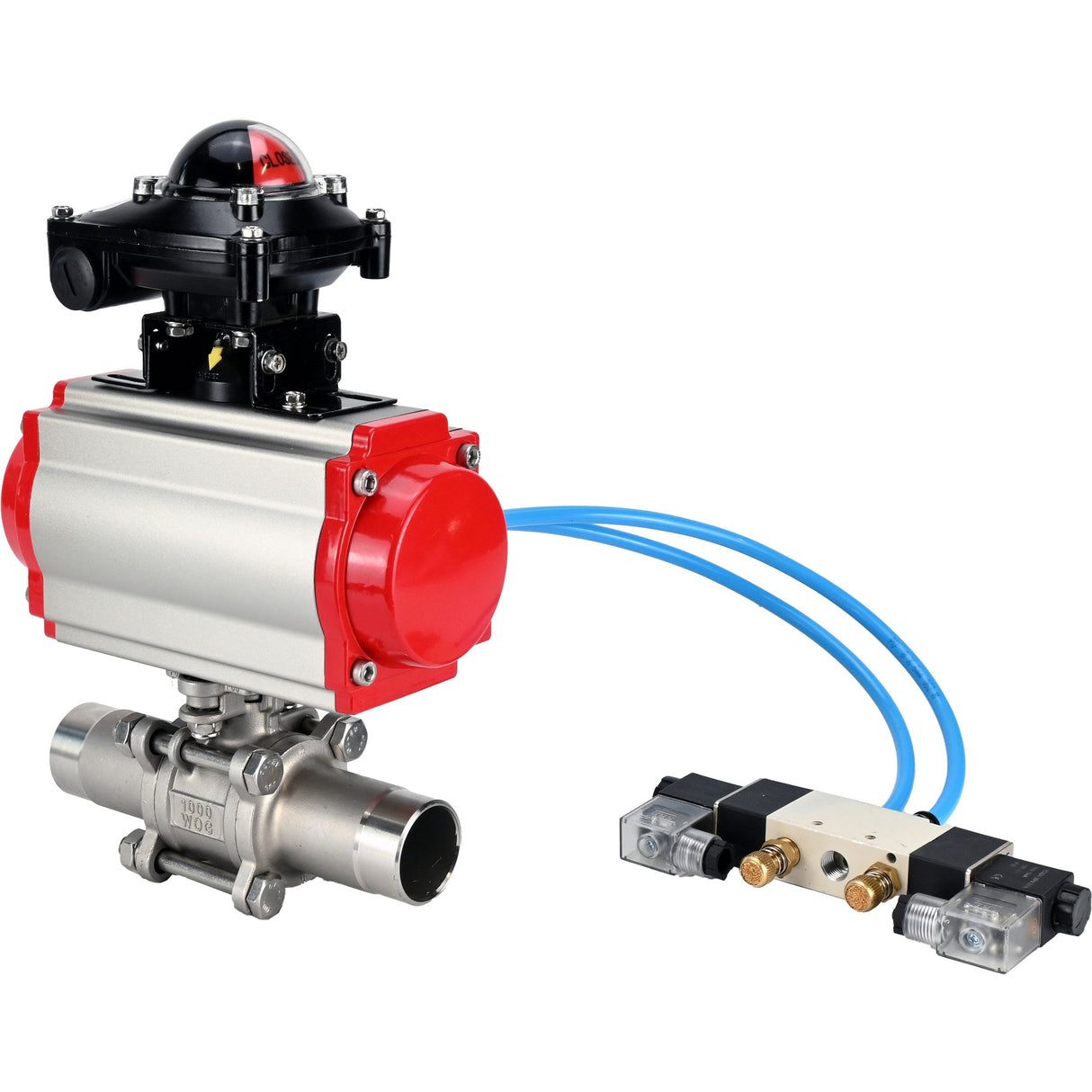 Vannes à boisseau sphérique Elephant BV3232P(3pc)-FP-W-ISO-H LONG à passage intégral, corps - acier inoxydable 316, soudé, avec actionneur pneumatique Elephant PA-SA, distributeur pneumatique 4V320-10 220V et bloc de fin de course APL-210N