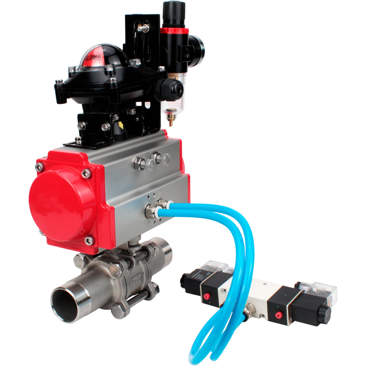 Robinets à boisseau sphérique Elephant BV3232P(3pc)-FP-W-ISO-H LONG DN10-150 passage intégral, corps - acier inoxydable 316, à souder, avec actionneur pneumatique PA-DA, distributeur pneumatique 4V320-10 220V, BKV APL-210N et GSV AFC2000