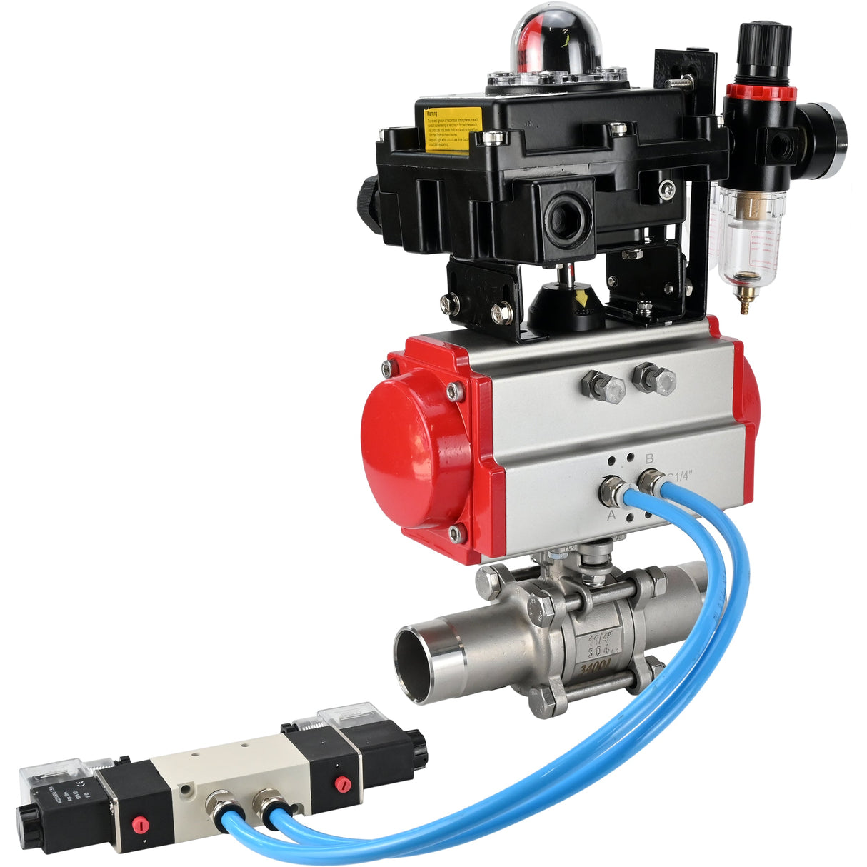 Robinets à boisseau sphérique Elephant BV3232P(3pc)-FP-W-ISO-H LONG DN10-150 passage intégral, corps - acier inoxydable 316, à souder, avec actionneur pneumatique PA-DA, distributeur pneumatique 4V320-10 220V, BKV APL-410N EX et GSV AFC2000