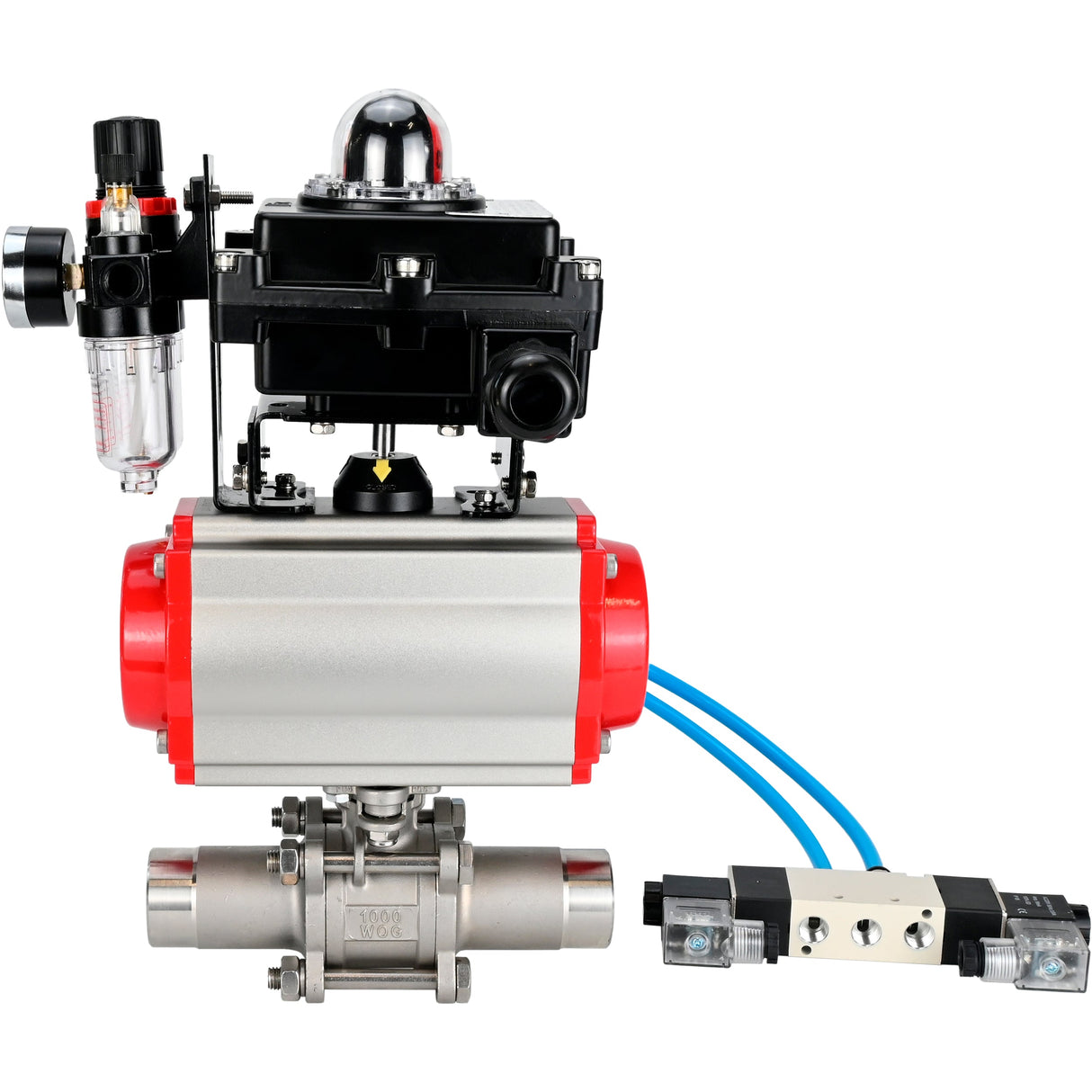 Vannes à boisseau sphérique Elephant BV3232P(3pc)-FP-W-ISO-H LONG à passage intégral, corps - acier inoxydable 316, à souder, avec actionneur pneumatique Elephant PA-SA, distributeur pneumatique 4V320-08 220V, BKV APL-410N EX et BPV AFC2000