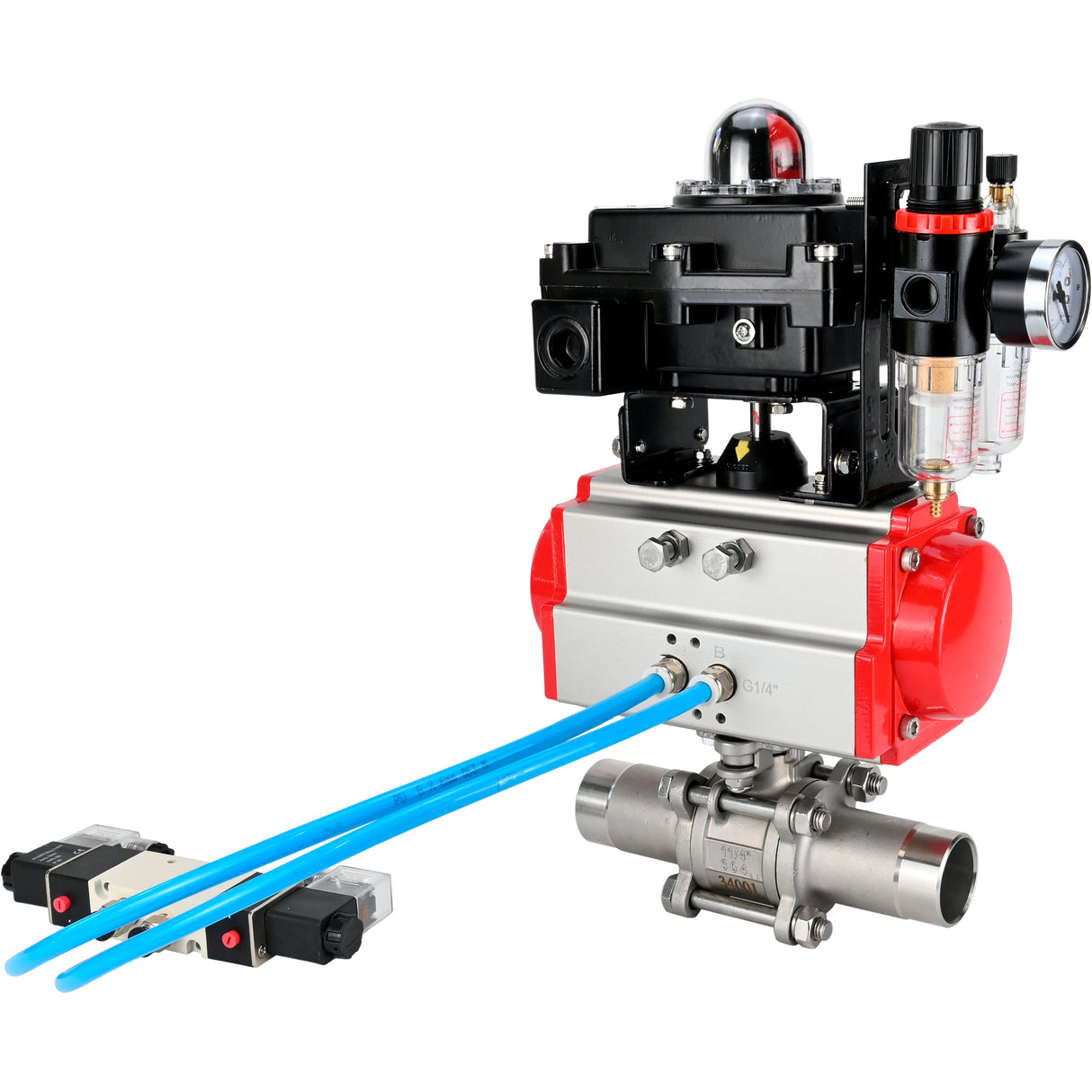 Vannes à boisseau sphérique Elephant BV3131P(3pc)-FP-W-ISO-H LONG à passage intégral, corps - acier inoxydable 304, à souder, avec actionneur pneumatique Elephant PA-SA, distributeur pneumatique 4V320-08 220V, BKV APL-410N EX et BPV AFC2000