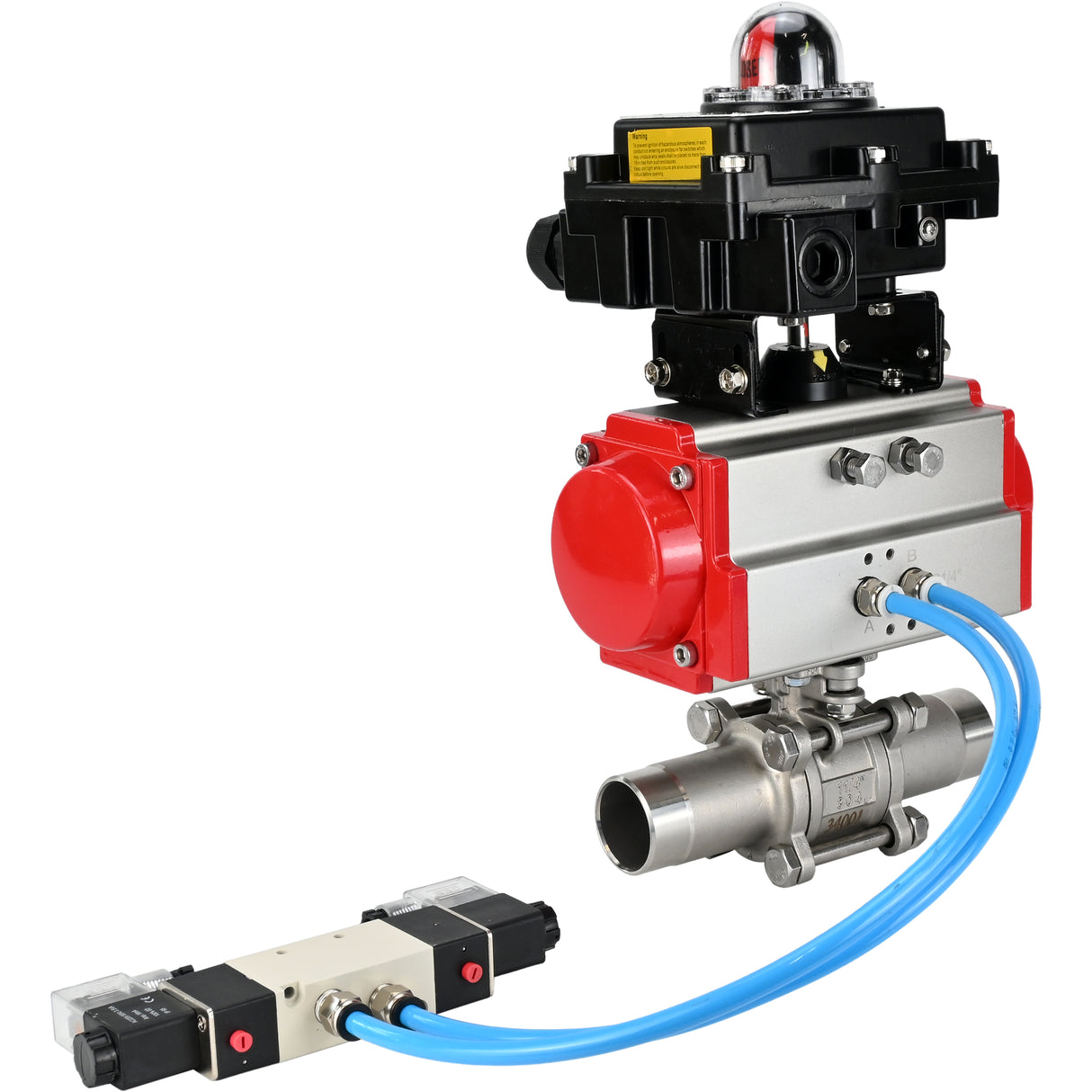 Vannes à boisseau sphérique Elephant BV3131P(3pc)-FP-W-ISO-H LONG à passage intégral, corps - acier inoxydable 304, à souder, avec actionneur pneumatique Elephant PA-SA, distributeur pneumatique 4V320-08 220V et bloc de fin de course APL-410N EX