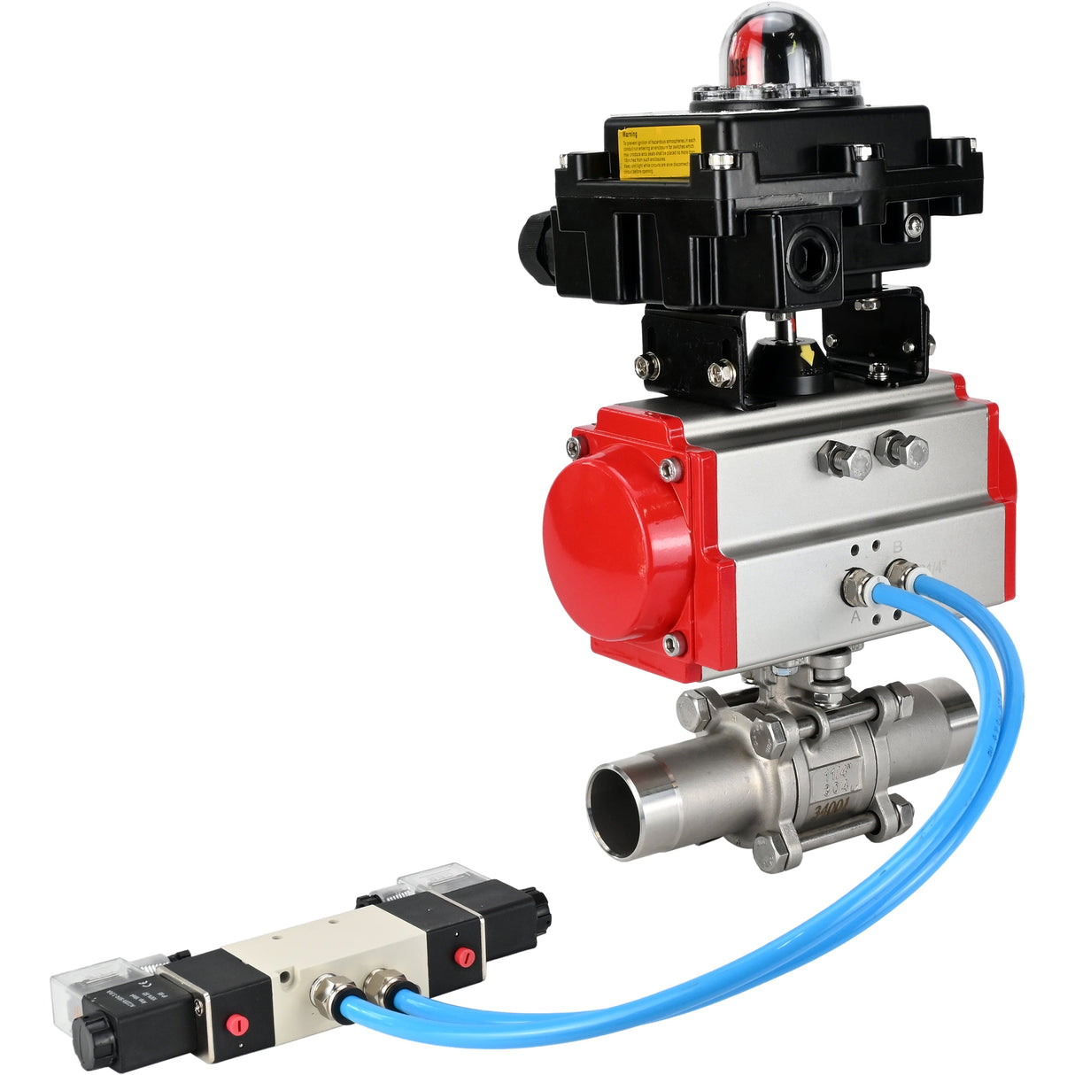 Robinets à boisseau sphérique Elephant BV3232P(3pc)-FP-W-ISO-H LONG DN10-150 passage intégral, corps - acier inoxydable 316, soudé, avec actionneur pneumatique PA-DA, distributeur pneumatique 4V320-08 220V et bloc de fin de course APL-410N EX