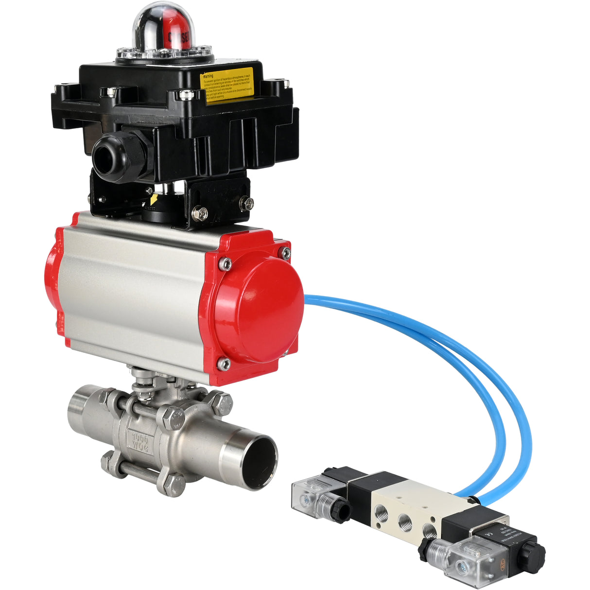 Vannes à boisseau sphérique Elephant BV3131P(3pc)-FP-W-ISO-H LONG à passage intégral, corps - acier inoxydable 304, à souder, avec actionneur pneumatique Elephant PA-SA, distributeur pneumatique 4V320-08 220V et bloc de fin de course APL-410N EX