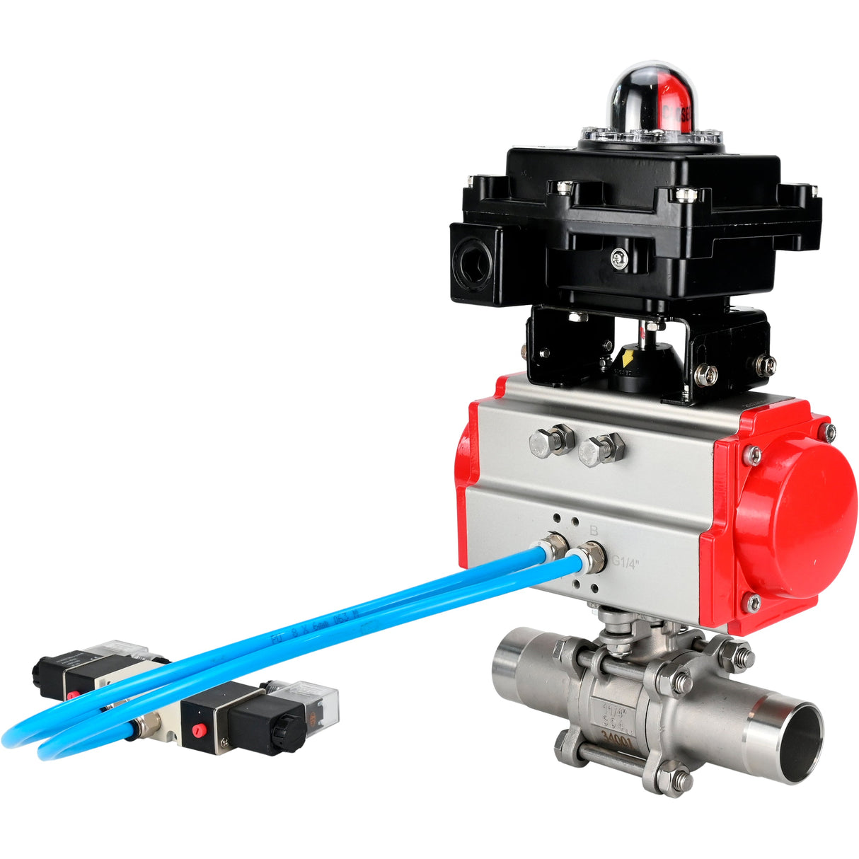 Vannes à boisseau sphérique Elephant BV3131P(3pc)-FP-W-ISO-H LONG à passage intégral, corps - acier inoxydable 304, soudé, avec actionneur pneumatique Elephant PA-SA, distributeur pneumatique 4V320-10 220V et bloc de fin de course APL-410N EX