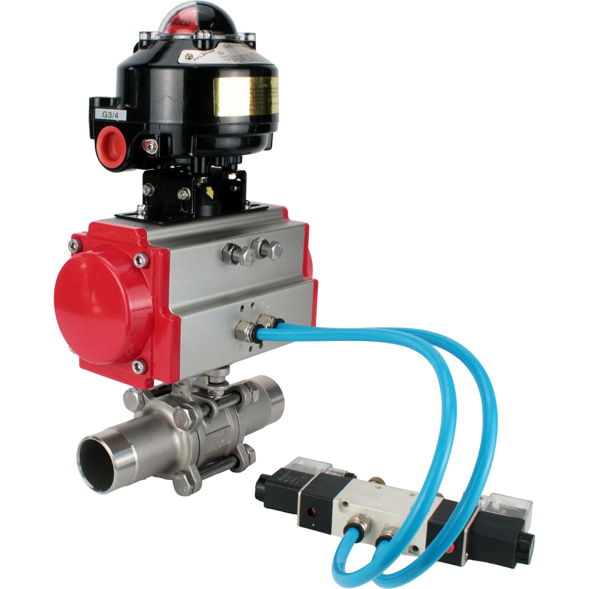 Vannes à boisseau sphérique Elephant BV3232P(3pc)-FP-W-ISO-H LONG à passage intégral, corps - acier inoxydable 316, à souder, avec actionneur pneumatique Elephant PA-SA, distributeur pneumatique 4V320-10 220V et bloc de fin de course APL-510N EX