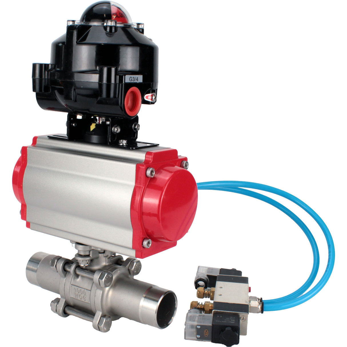 Vannes à boisseau sphérique Elephant BV3232P(3pc)-FP-W-ISO-H LONG à passage intégral, corps - acier inoxydable 316, à souder, avec actionneur pneumatique Elephant PA-SA, distributeur pneumatique 4V320-08 220V et bloc de fin de course APL-510N EX