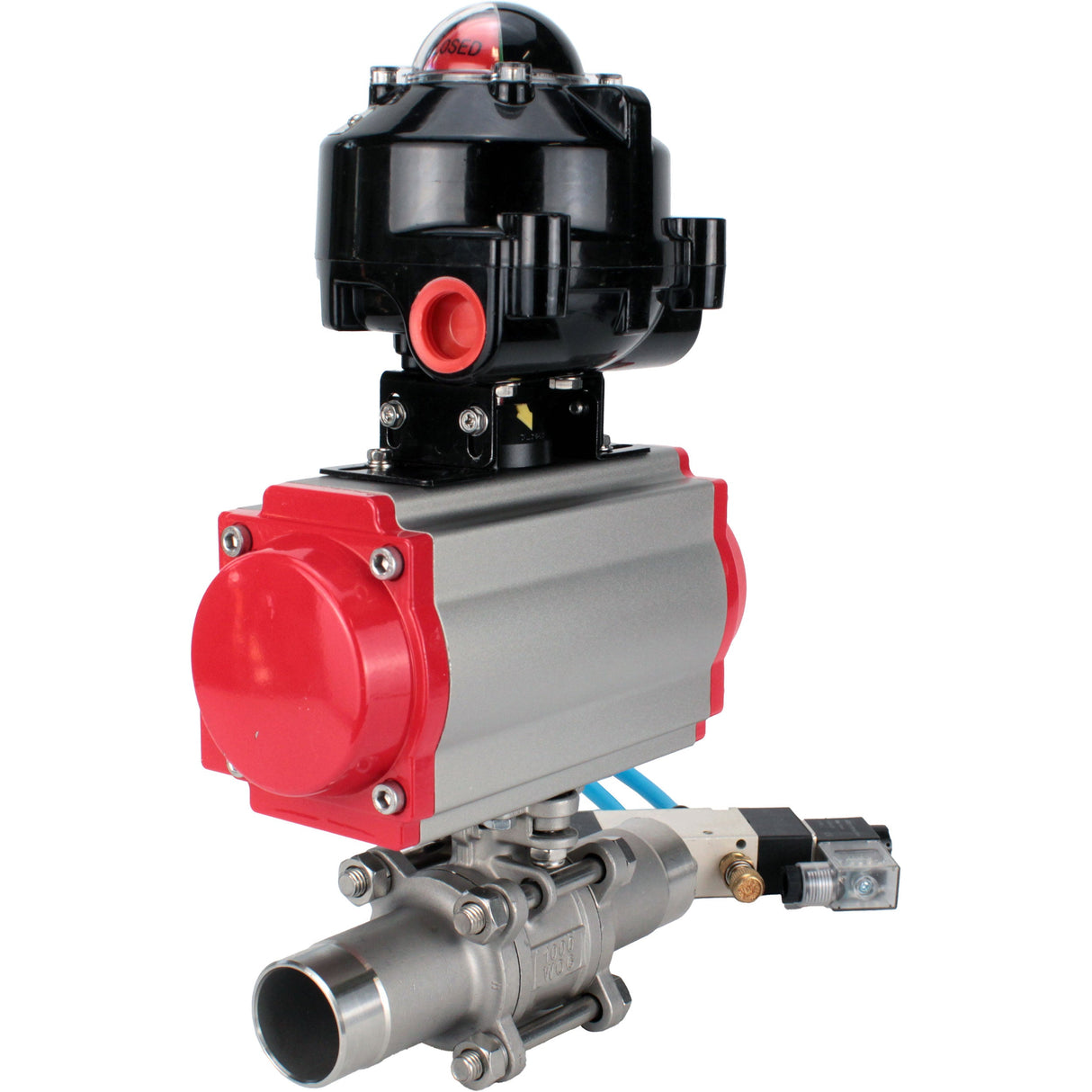 Vannes à boisseau sphérique Elephant BV3232P(3pc)-FP-W-ISO-H LONG DN10-150 passage intégral, corps - acier inoxydable 316, soudé, avec actionneur pneumatique PA-DA, distributeur pneumatique 4V320-08 220V et bloc de fin de course APL-510N EX