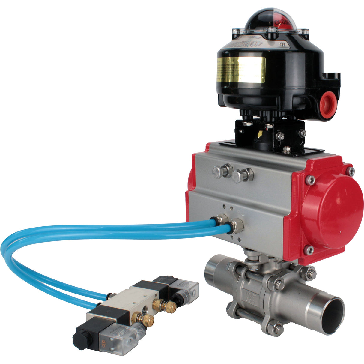 Vannes à boisseau sphérique Elephant BV3232P(3pc)-FP-W-ISO-H LONG à passage intégral, corps - acier inoxydable 316, à souder, avec actionneur pneumatique Elephant PA-SA, distributeur pneumatique 4V320-08 220V et bloc de fin de course APL-510N EX