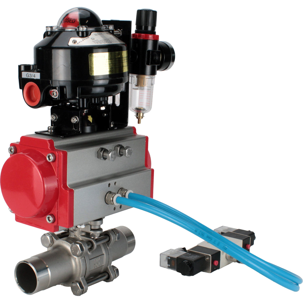 Robinets à boisseau sphérique Elephant BV3131P(3pc)-FP-W-ISO-H LONG DN10-150 passage intégral, corps - acier inoxydable 304, à souder, avec actionneur pneumatique PA-DA, distributeur pneumatique 4V320-08 220V, BKV APL-510N EX et GSV AFC2000