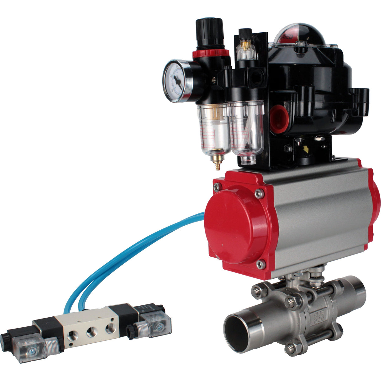 Vannes à boisseau sphérique Elephant BV3232P(3pc)-FP-W-ISO-H LONG DN10-150 passage intégral, corps - acier inoxydable 316, à souder, avec actionneur pneumatique PA-DA, distributeur pneumatique 4V320-08 220V, BKV APL-510N EX et GSV AFC2000