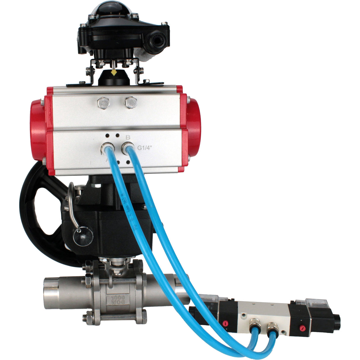 Ball valves Elephant BV3131P(3pc)-FP-W-ISO-H LONG DN50-150 full bore, body - stainless steel 304, welded, with pneumatic actuator PA-DA, pneumatic distributor 4V320-10 220V, MON gearbox and block limit switches APL-210N