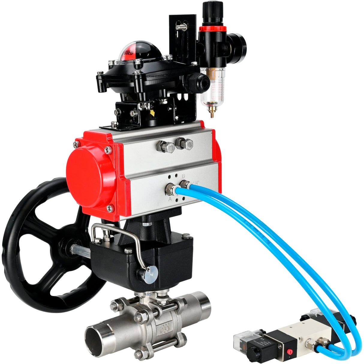 Vannes à boisseau sphérique Elephant BV3232P(3pc)-FP-W-ISO-H LONG DN50-150 passage intégral, corps - acier inoxydable 316, à souder, avec actionneur pneumatique PA-DA, distributeur pneumatique 4V320-08 220V, réducteur MON, BKV APL-210N et BPV AFC2000