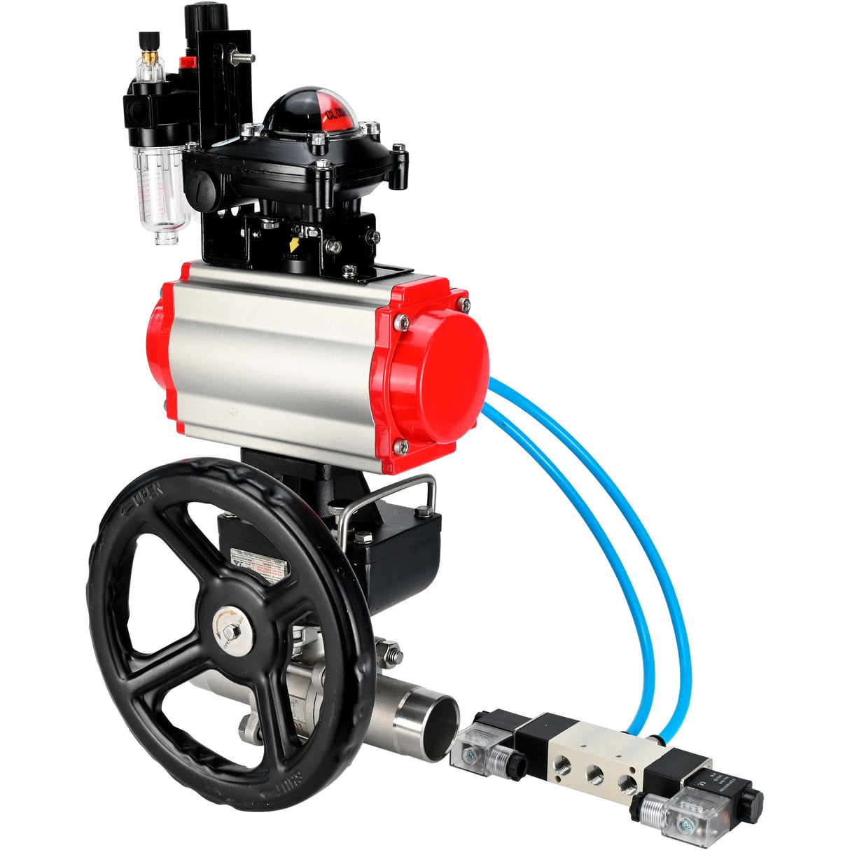 Vannes à boisseau sphérique Elephant BV3131P(3pc)-FP-W-ISO-H LONG DN50-150 passage intégral, corps - acier inoxydable 304, à souder, avec actionneur pneumatique PA-DA, distributeur pneumatique 4V320-10 220V, réducteur MON, BKV APL-210N et BPV AFC2000