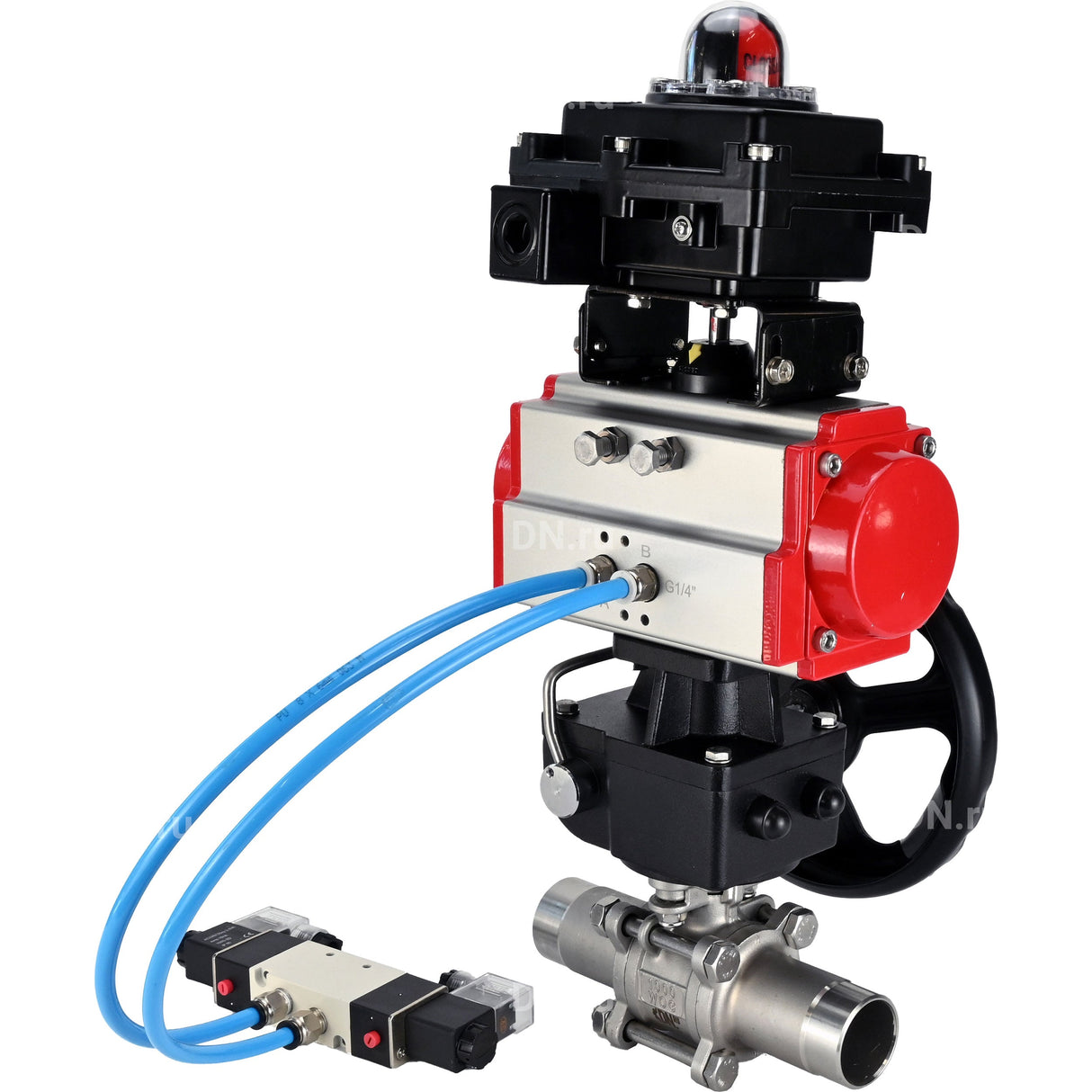 Ball valves Elephant BV3232P(3pc)-FP-W-ISO-H LONG DN50-150 full bore, body - stainless steel 316, for welding, with pneumatic actuator PA-DA, pneumatic distributor 4V320-10 220V, MON gearbox and block limit switches APL-410N EX