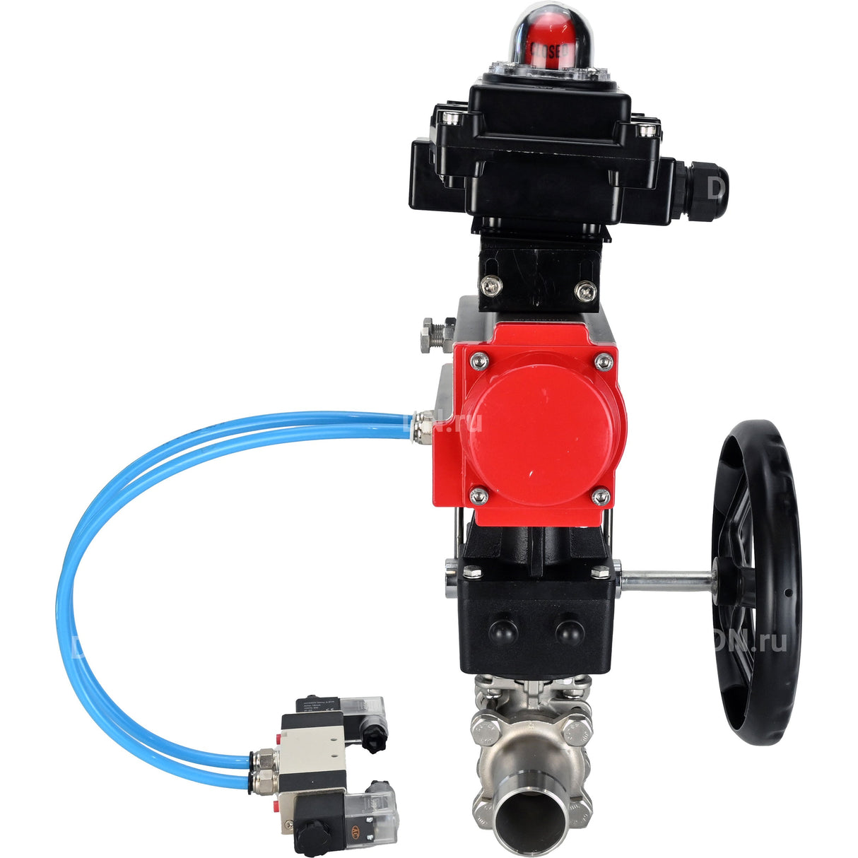 Ball valves Elephant BV3232P(3pc)-FP-W-ISO-H LONG DN50-150 full bore, body - stainless steel 316, for welding, with pneumatic actuator PA-DA, pneumatic distributor 4V320-10 220V, MON gearbox and block limit switches APL-410N EX