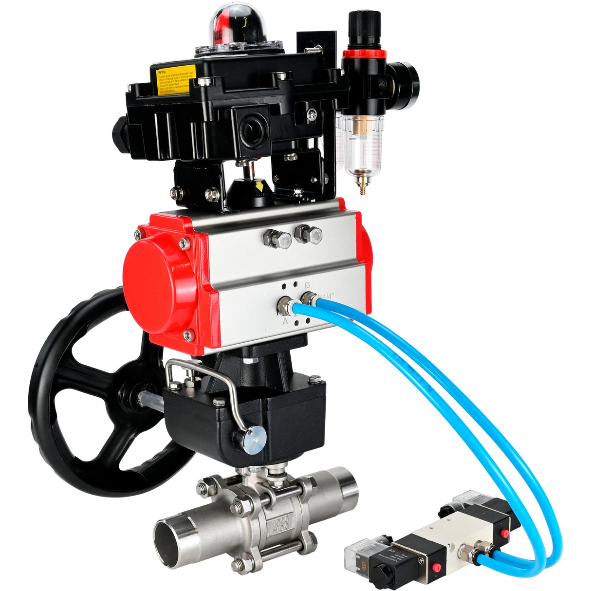 Robinets à boisseau sphérique Elephant BV3232P(3pc)-FP-W-ISO-H LONG DN50-150 passage intégral, corps - acier inoxydable 316, à souder, avec actionneur pneumatique PA-DA, distributeur pneumatique 4V320-08 220V, réducteur MON, BKV APL-410N EX et BPV AFC2000
