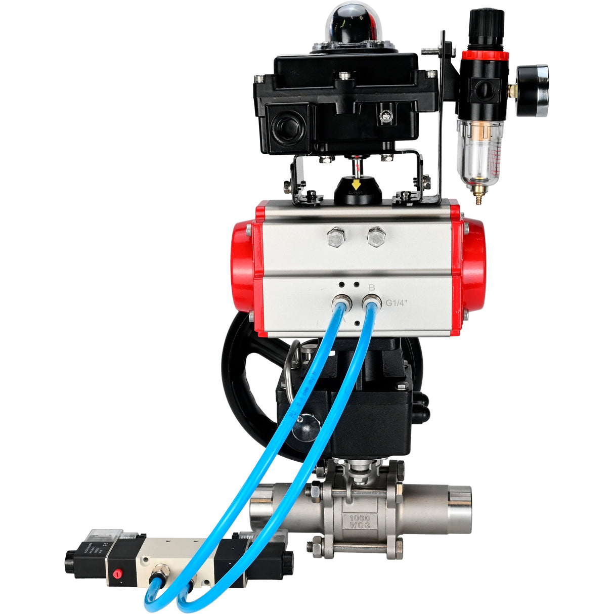 Vannes à boisseau sphérique Elephant BV3131P(3pc)-FP-W-ISO-H LONG DN50-150 passage intégral, corps - acier inoxydable 304, à souder, avec actionneur pneumatique PA-DA, distributeur pneumatique 4V320-10 220V, réducteur MON, BKV APL-410N EX et BPV AFC2000
