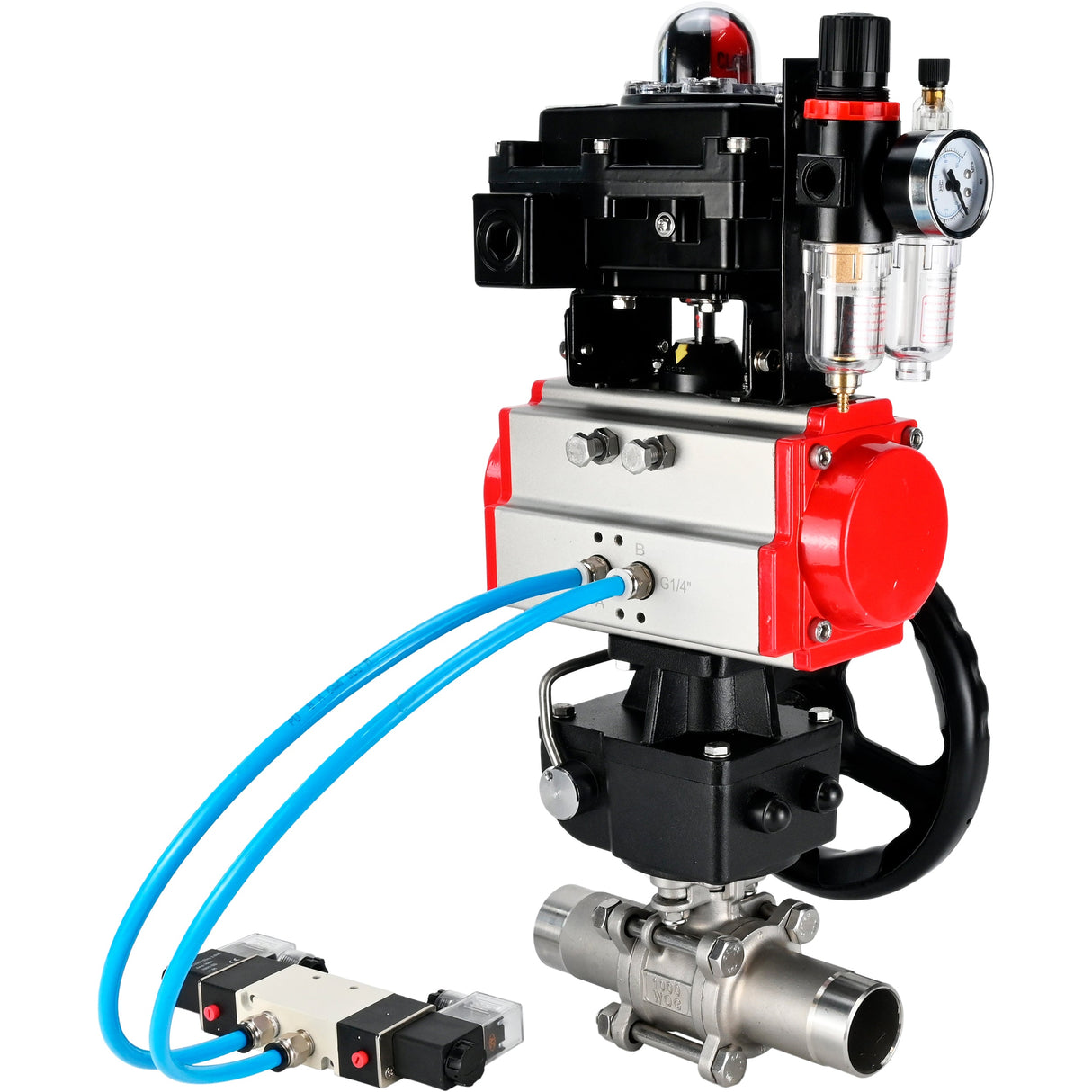 Robinets à boisseau sphérique Elephant BV3232P(3pc)-FP-W-ISO-H LONG DN50-150 passage intégral, corps - acier inoxydable 316, à souder, avec actionneur pneumatique PA-DA, distributeur pneumatique 4V320-08 220V, réducteur MON, BKV APL-410N EX et BPV AFC2000