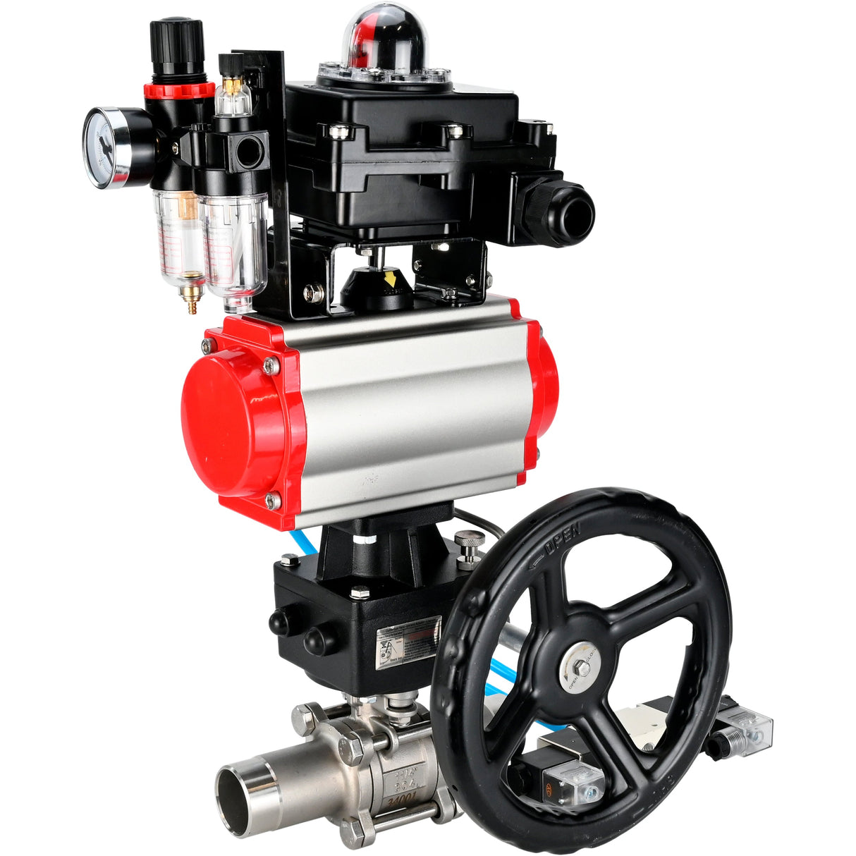 Robinets à boisseau sphérique Elephant BV3232P(3pc)-FP-W-ISO-H LONG DN50-150 passage intégral, corps - acier inoxydable 316, à souder, avec actionneur pneumatique PA-DA, distributeur pneumatique 4V320-08 220V, réducteur MON, BKV APL-410N EX et BPV AFC2000
