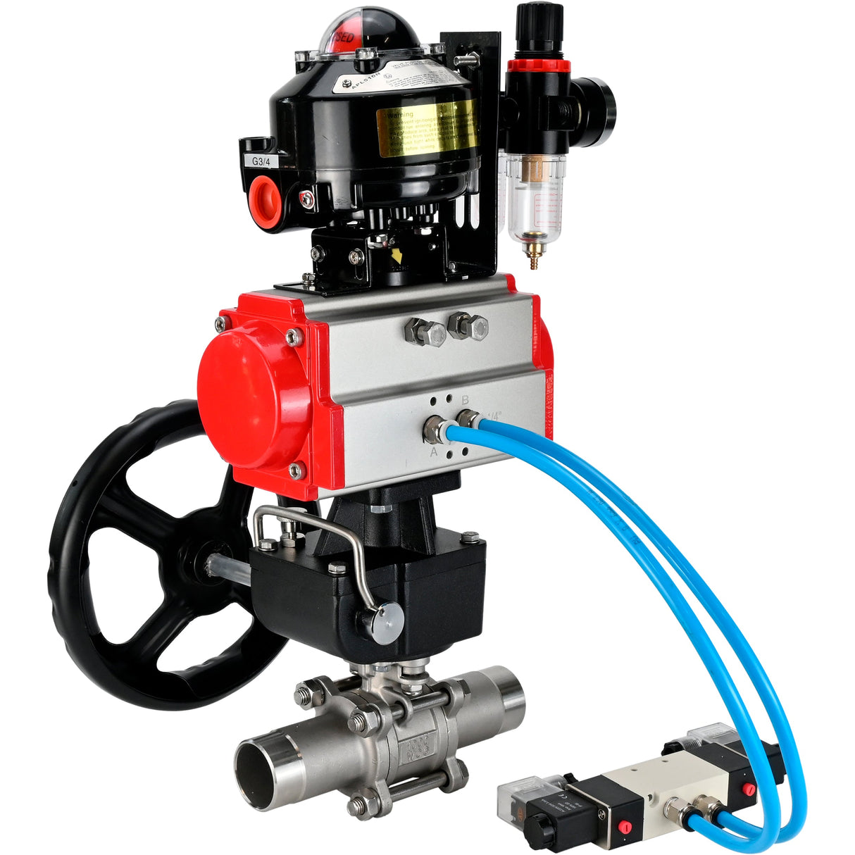 Vannes à boisseau sphérique Elephant BV3232P(3pc)-FP-W-ISO-H LONG DN50-150 passage intégral, corps - acier inoxydable 316, à souder, avec actionneur pneumatique PA-DA, distributeur pneumatique 4V320-10 220V, réducteur MON, BKV APL-510N EX et BPV AFC2000