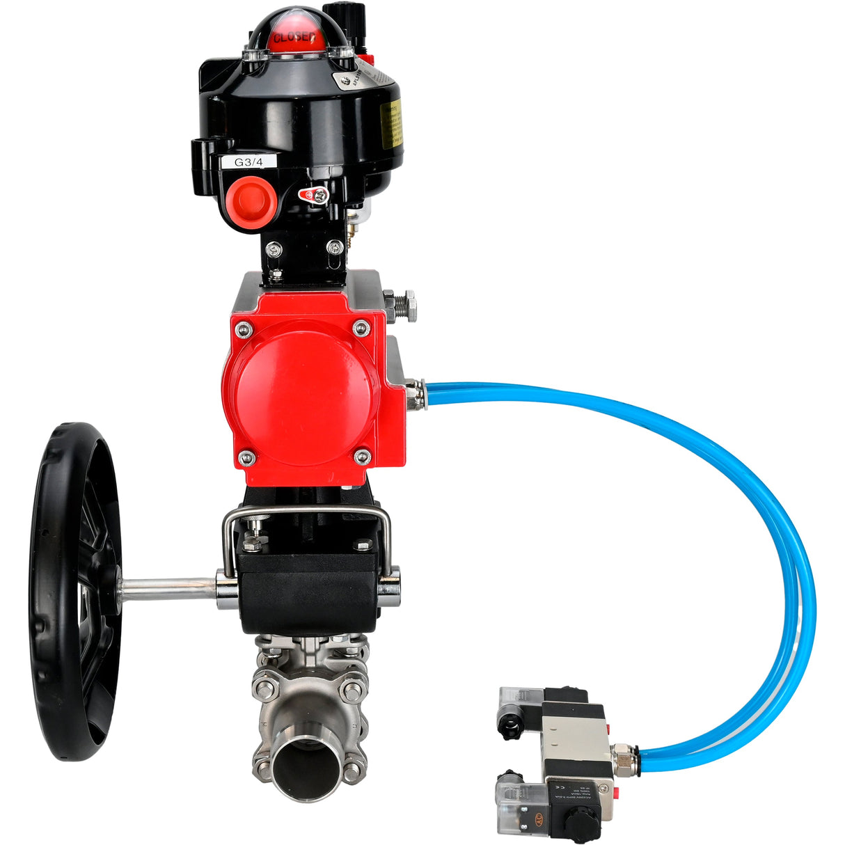 Robinets à boisseau sphérique Elephant BV3232P(3pc)-FP-W-ISO-H LONG DN50-150 passage intégral, corps - acier inoxydable 316, à souder, avec actionneur pneumatique PA-DA, distributeur pneumatique 4V320-08 220V, réducteur MON, BKV APL-510N EX et BPV AFC2000