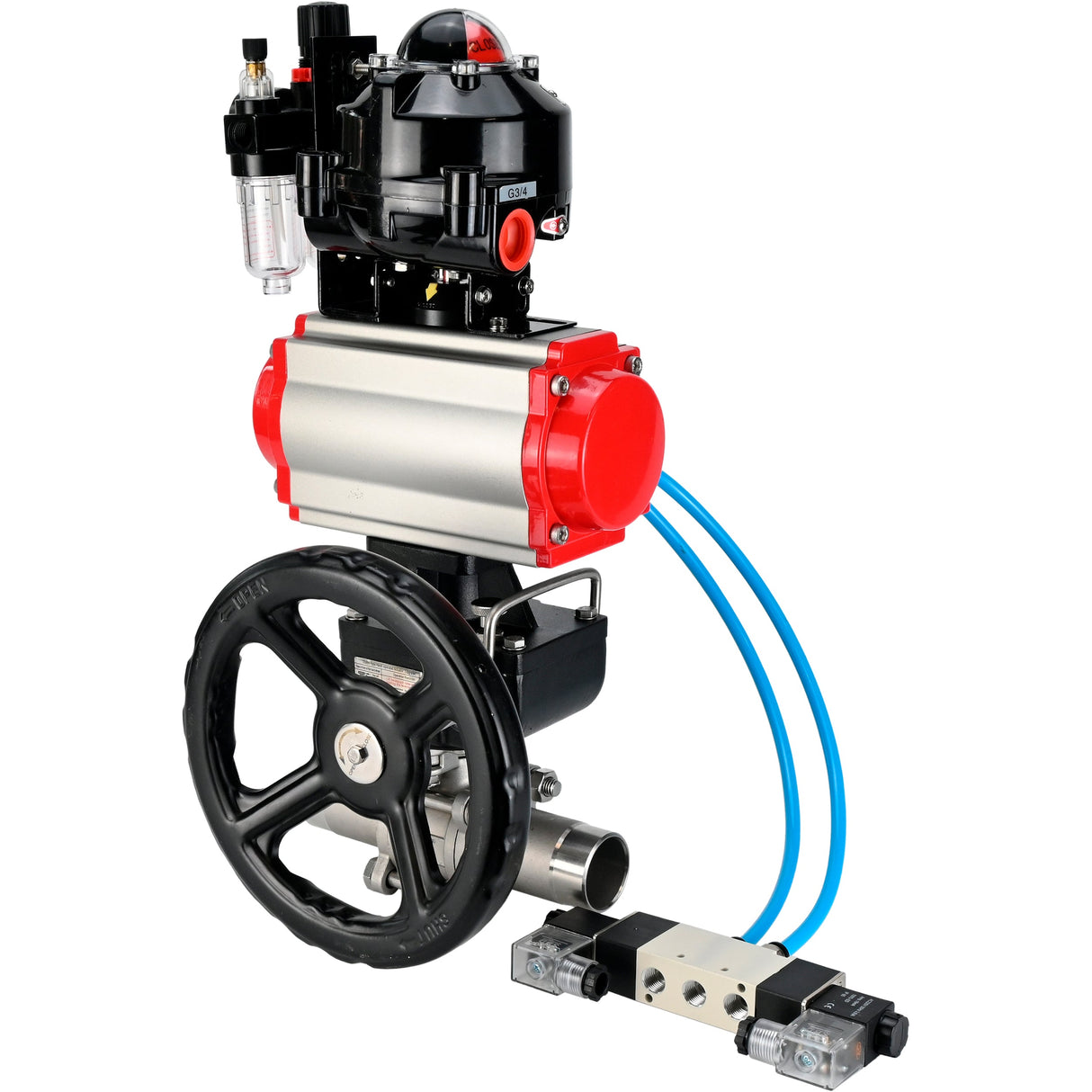 Vannes à boisseau sphérique Elephant BV3232P(3pc)-FP-W-ISO-H LONG DN50-150 passage intégral, corps - acier inoxydable 316, à souder, avec actionneur pneumatique PA-DA, distributeur pneumatique 4V320-10 220V, réducteur MON, BKV APL-510N EX et BPV AFC2000