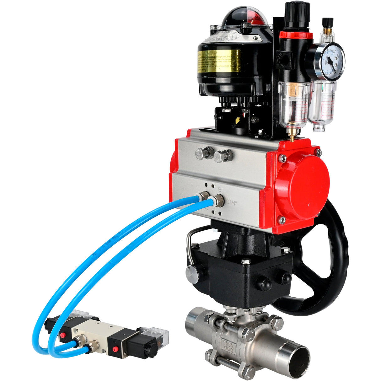 Vannes à boisseau sphérique Elephant BV3232P(3pc)-FP-W-ISO-H LONG DN50-150 passage intégral, corps - acier inoxydable 316, à souder, avec actionneur pneumatique PA-DA, distributeur pneumatique 4V320-10 220V, réducteur MON, BKV APL-510N EX et BPV AFC2000