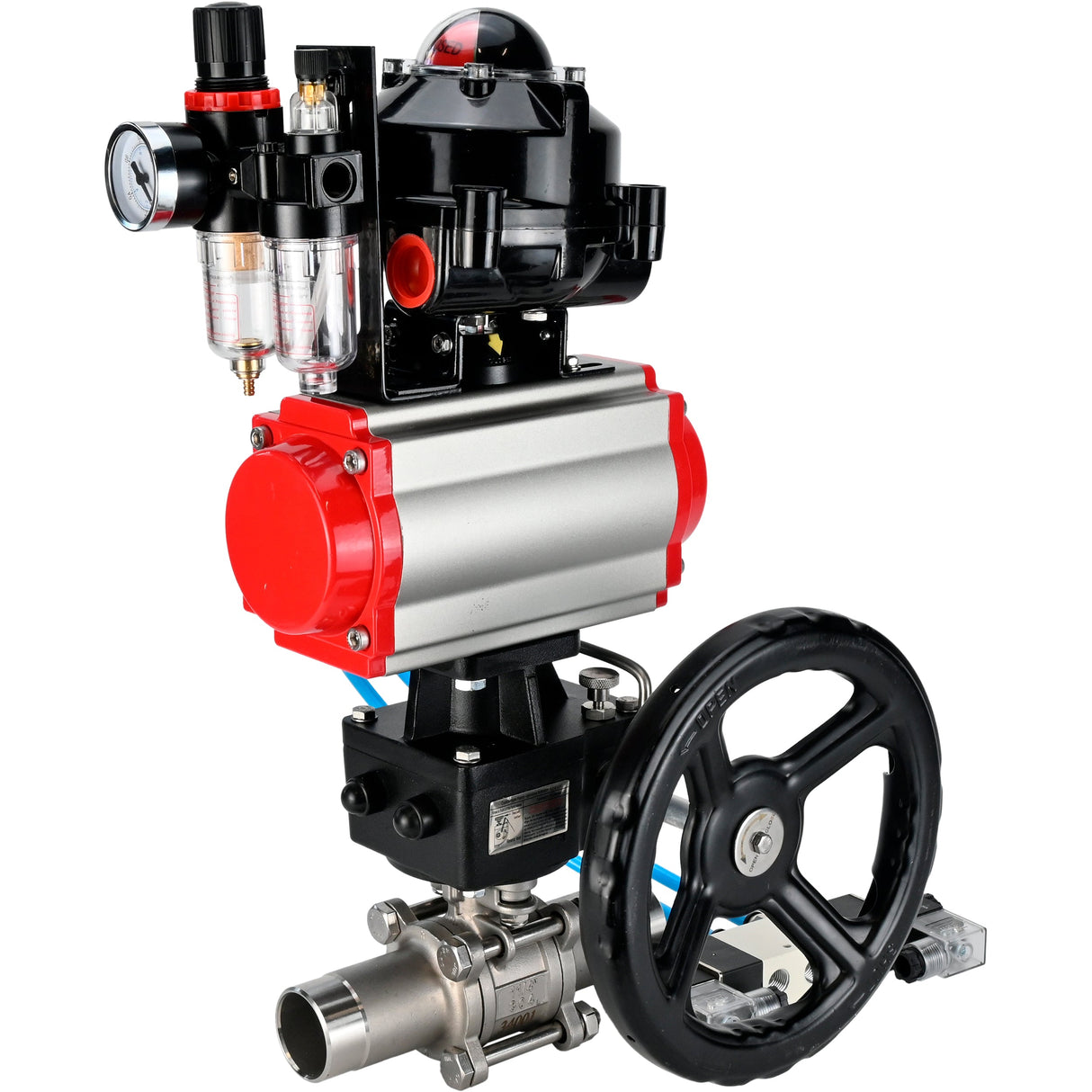 Robinets à boisseau sphérique Elephant BV3232P(3pc)-FP-W-ISO-H LONG DN50-150 passage intégral, corps - acier inoxydable 316, à souder, avec actionneur pneumatique PA-DA, distributeur pneumatique 4V320-08 220V, réducteur MON, BKV APL-510N EX et BPV AFC2000