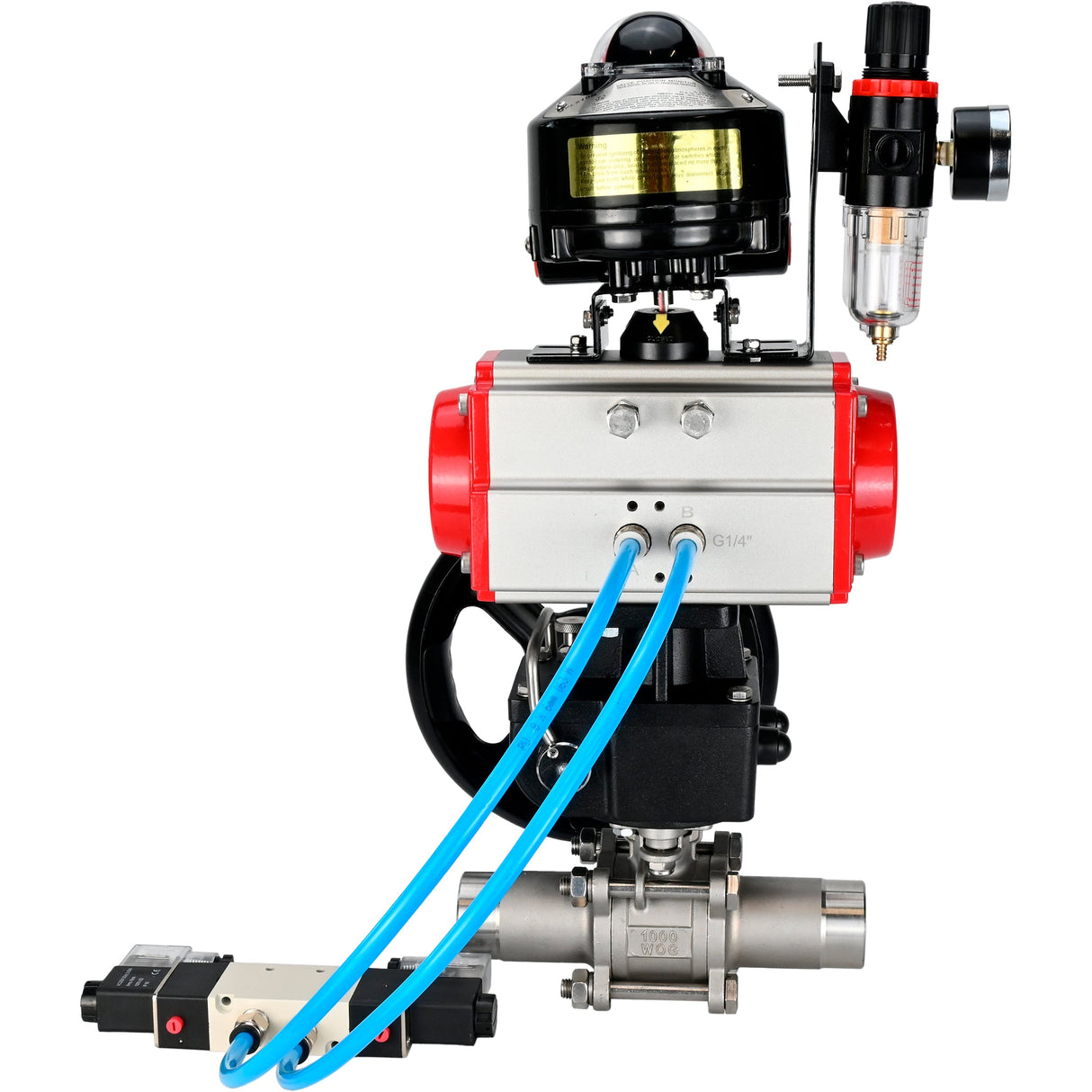 Vannes à boisseau sphérique Elephant BV3232P(3pc)-FP-W-ISO-H LONG DN50-150 passage intégral, corps - acier inoxydable 316, à souder, avec actionneur pneumatique PA-DA, distributeur pneumatique 4V320-10 220V, réducteur MON, BKV APL-510N EX et BPV AFC2000