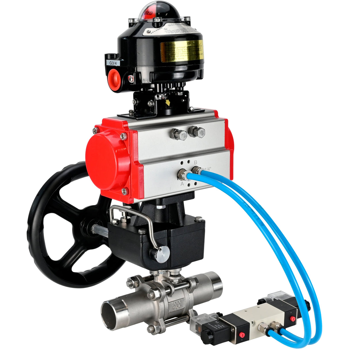 Ball valves Elephant BV3232P(3pc)-FP-W-ISO-H LONG DN50-150 full bore, body - stainless steel 316, for welding, with pneumatic actuator PA-DA, pneumatic distributor 4V320-10 220V, MON gearbox and block limit switches APL-510N EX