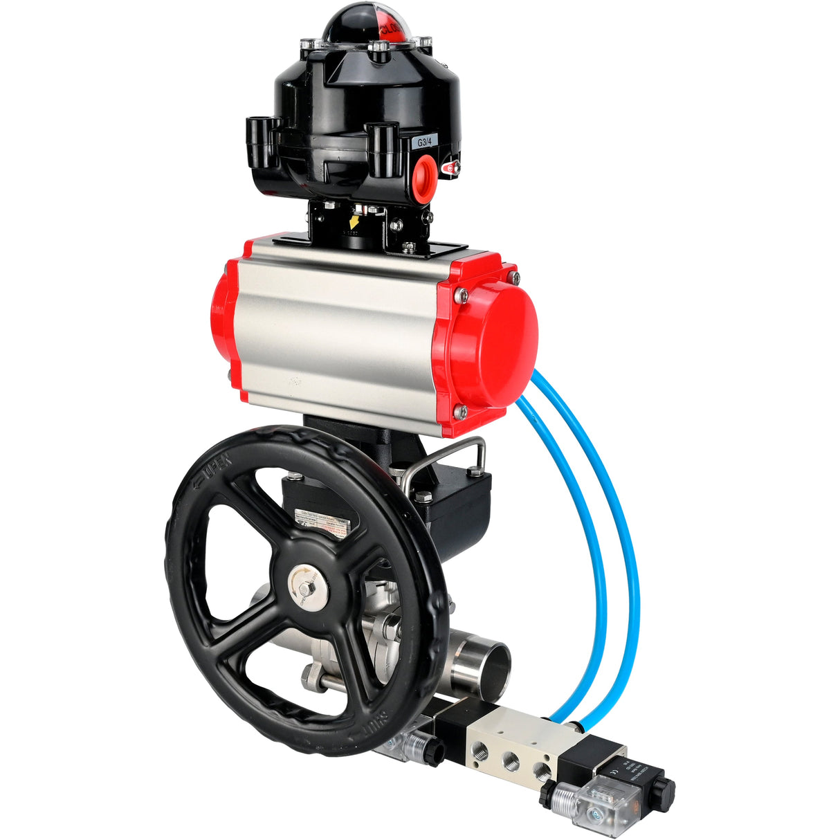 Ball valves Elephant BV3232P(3pc)-FP-W-ISO-H LONG DN50-150 full bore, body - stainless steel 316, for welding, with PA-DA pneumatic actuator, pneumatic distributor 4V320-08 220V, MON gearbox and block limit switches APL-510N EX