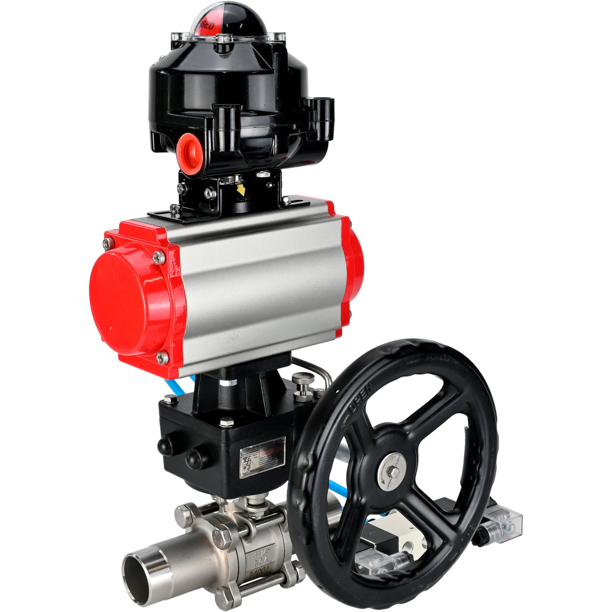 Ball valves Elephant BV3232P(3pc)-FP-W-ISO-H LONG DN50-150 full bore, body - stainless steel 316, for welding, with pneumatic actuator PA-DA, pneumatic distributor 4V320-10 220V, MON gearbox and block limit switches APL-510N EX