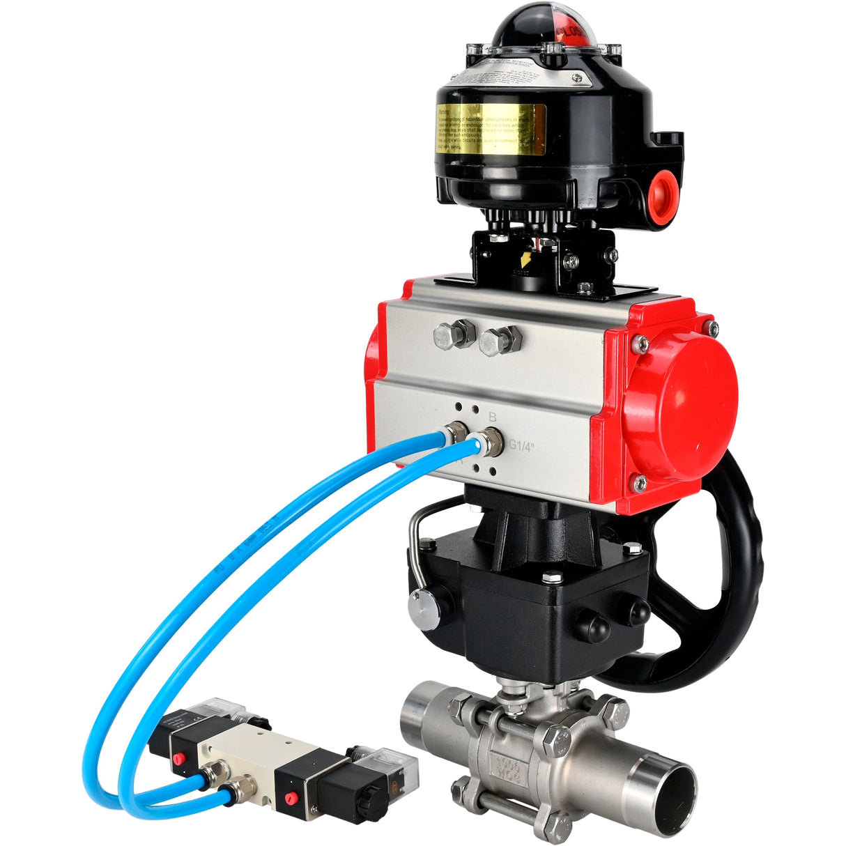 Ball valves Elephant BV3232P(3pc)-FP-W-ISO-H LONG DN50-150 full bore, body - stainless steel 316, for welding, with PA-DA pneumatic actuator, pneumatic distributor 4V320-08 220V, MON gearbox and block limit switches APL-510N EX