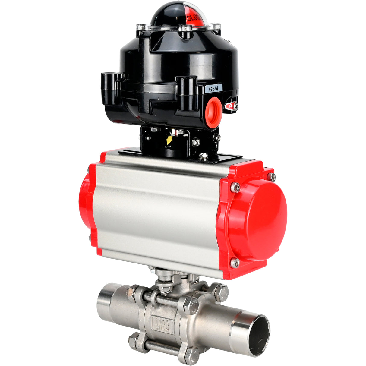 Vannes à boisseau sphérique Elephant BV3131P(3pc)-FP-W-ISO-H LONG DN10-150 passage intégral, corps - acier inoxydable 304, soudé, avec actionneur pneumatique Elephant PA-SA et bloc de fin de course APL-510N EX