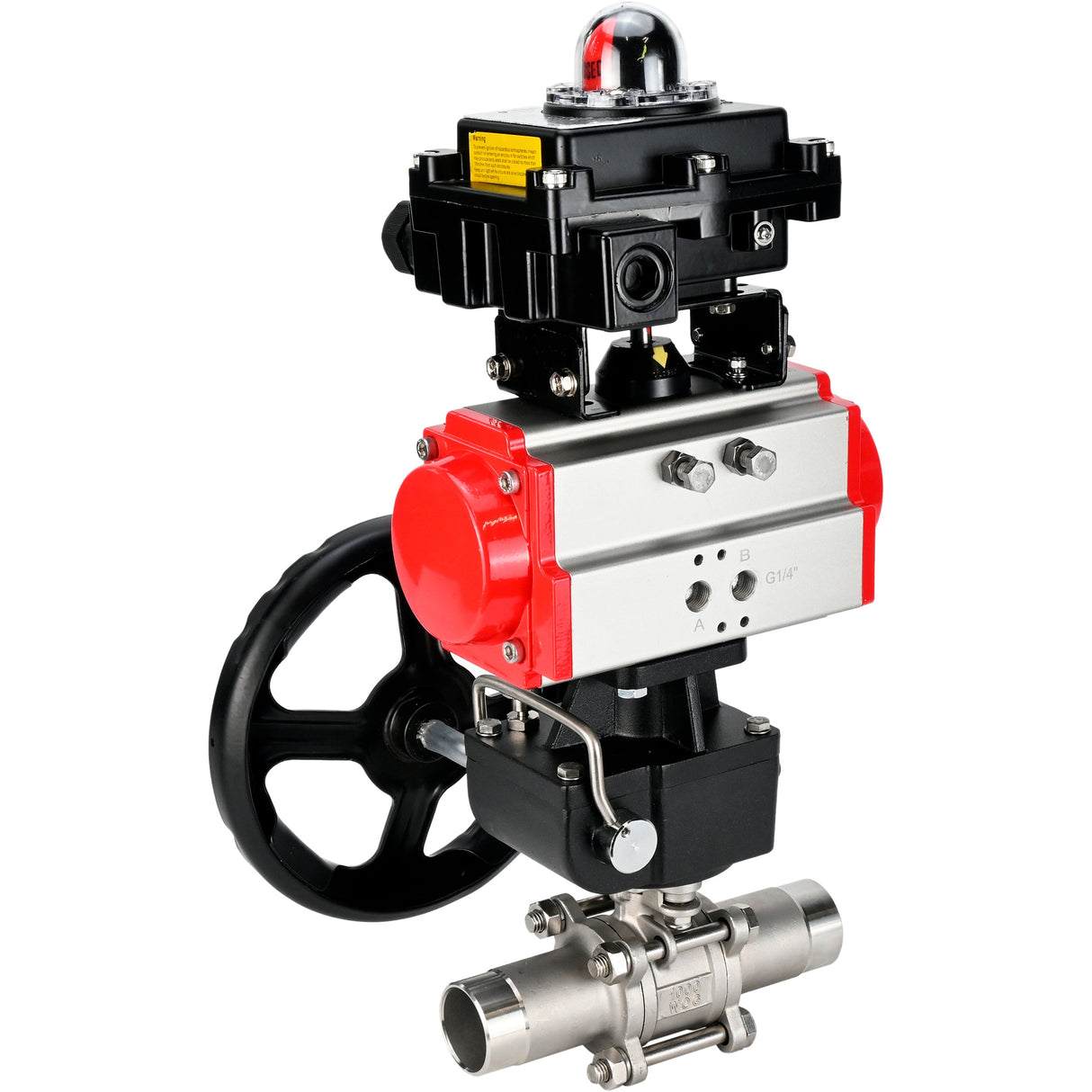 Vannes à boisseau sphérique Elephant BV3232P(3pc)-FP-W-ISO-H LONG DN50-150 passage intégral, corps - acier inoxydable 316, soudé, avec actionneur pneumatique Elephant PA-DA, réducteur Elephant MON et bloc de fin de course APL 410N EX