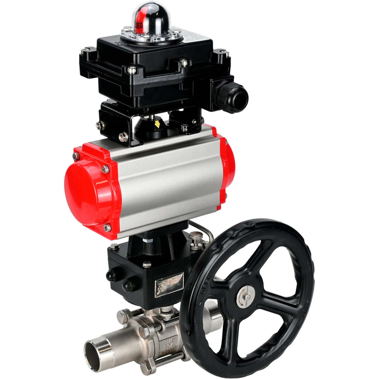 Vannes à boisseau sphérique Elephant BV3232P(3pc)-FP-W-ISO-H LONG DN50-150 passage intégral, corps - acier inoxydable 316, soudé, avec actionneur pneumatique Elephant PA-DA, réducteur Elephant MON et bloc de fin de course APL 410N EX