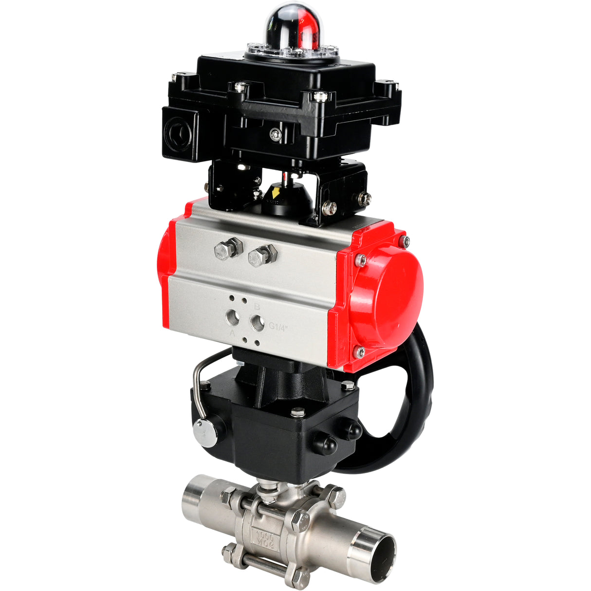 Vannes à boisseau sphérique Elephant BV3232P(3pc)-FP-W-ISO-H LONG DN50-150 passage intégral, corps - acier inoxydable 316, soudé, avec actionneur pneumatique Elephant PA-DA, réducteur Elephant MON et bloc de fin de course APL 410N EX