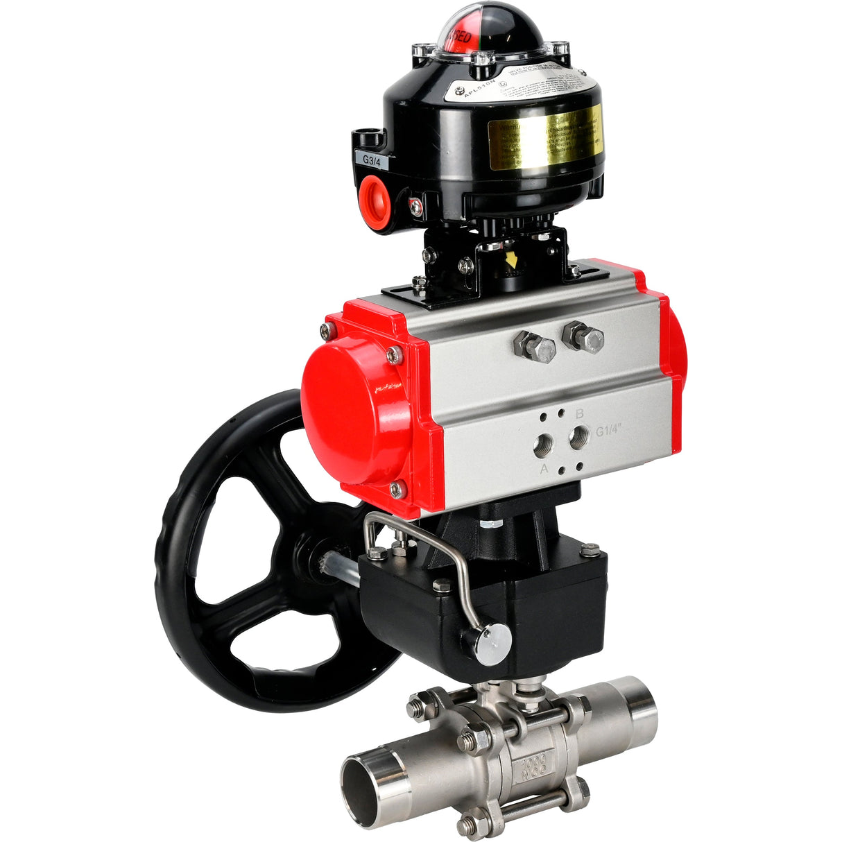 Vannes à boisseau sphérique Elephant BV3232P(3pc)-FP-W-ISO-H LONG DN50-150 passage intégral, corps - acier inoxydable 316, soudé, avec actionneur pneumatique Elephant PA-DA, réducteur Elephant MON et bloc de fin de course APL 510N EX