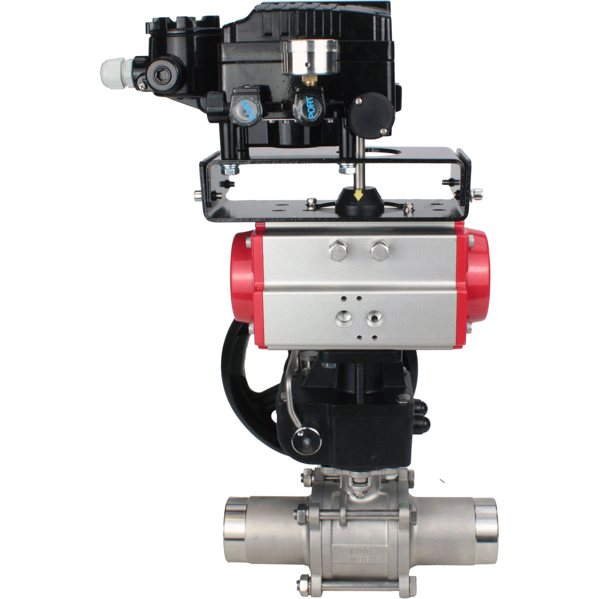 Vannes à boisseau sphérique Elephant BV3232P(3pc)-FP-W-ISO-H LONG DN50-150 à passage intégral, corps - acier inoxydable 316, soudé, avec actionneur pneumatique Elephant PA-DA, réducteur Elephant MON et positionneur pneumatique YT-1000RSN