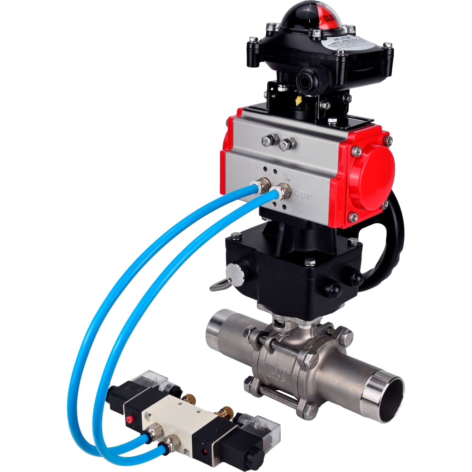Ball valves Elephant BV3232P(3pc)-FP-W-ISO-H LONG,  body material - Stainless steel AISI 316, seal - PTFE / PTFE / Teflon, with pneumatic actuator double action PA-DA, 4V320-10 220V, LSU APL-210N, handwheel MON