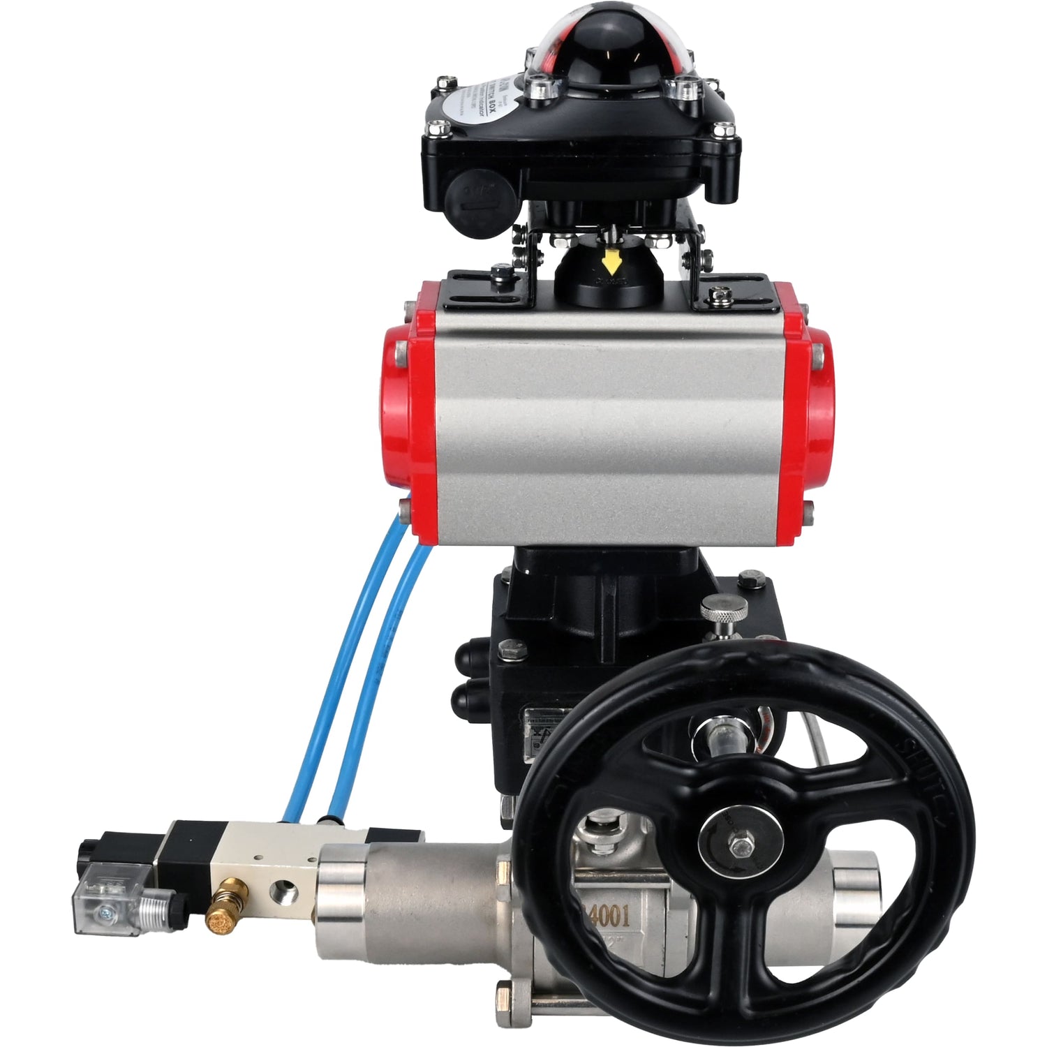 Ball valves Elephant BV3232P(3pc)-FP-W-ISO-H LONG,  body material - Stainless steel AISI 316, seal - PTFE / PTFE / Teflon, with pneumatic actuator double action PA-DA, 4V320-10 220V, LSU APL-210N, handwheel MON