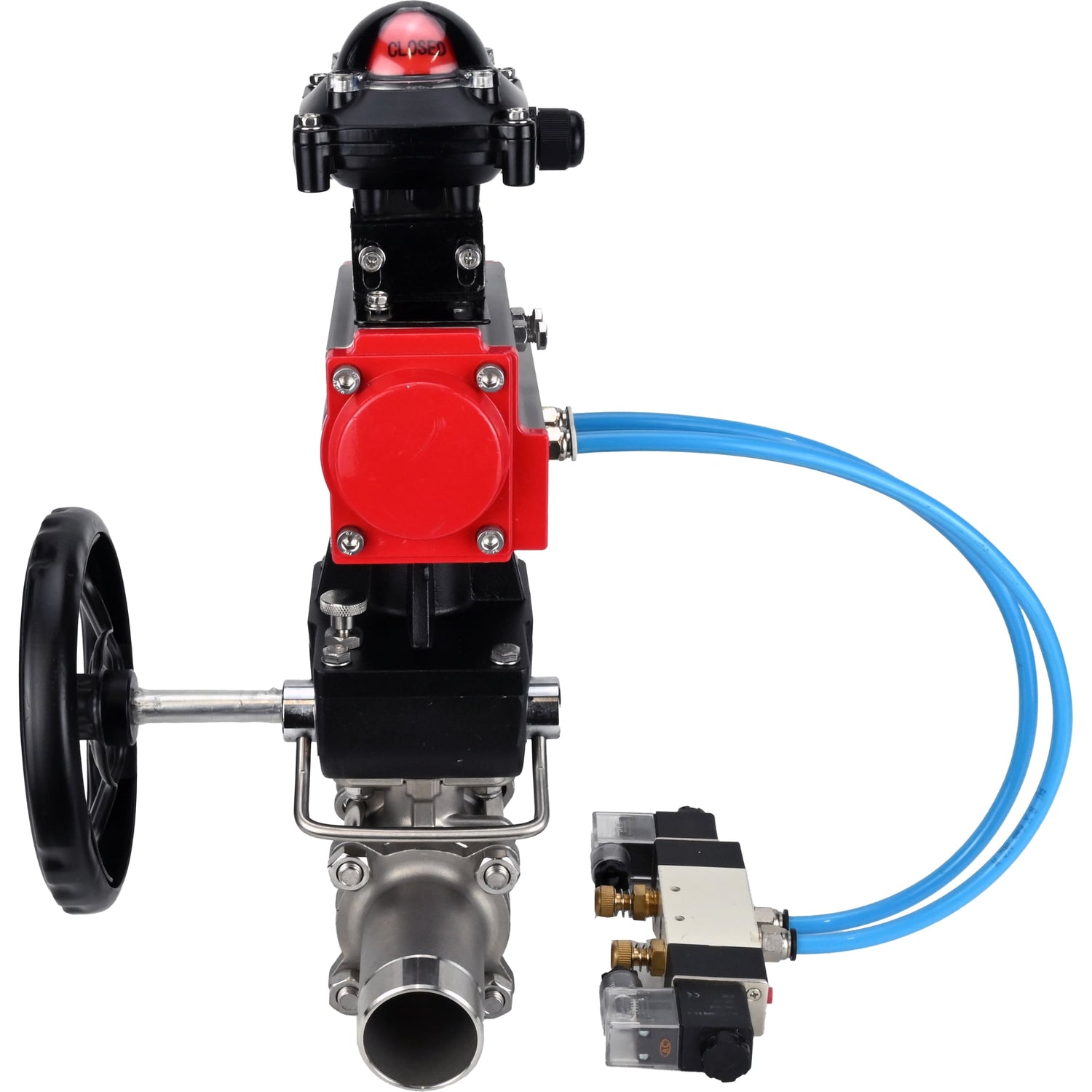 Ball valves Elephant BV3232P(3pc)-FP-W-ISO-H LONG,  body material - Stainless steel AISI 316, seal - PTFE / PTFE / Teflon, with pneumatic actuator double action PA-DA, 4V320-10 220V, LSU APL-210N, handwheel MON