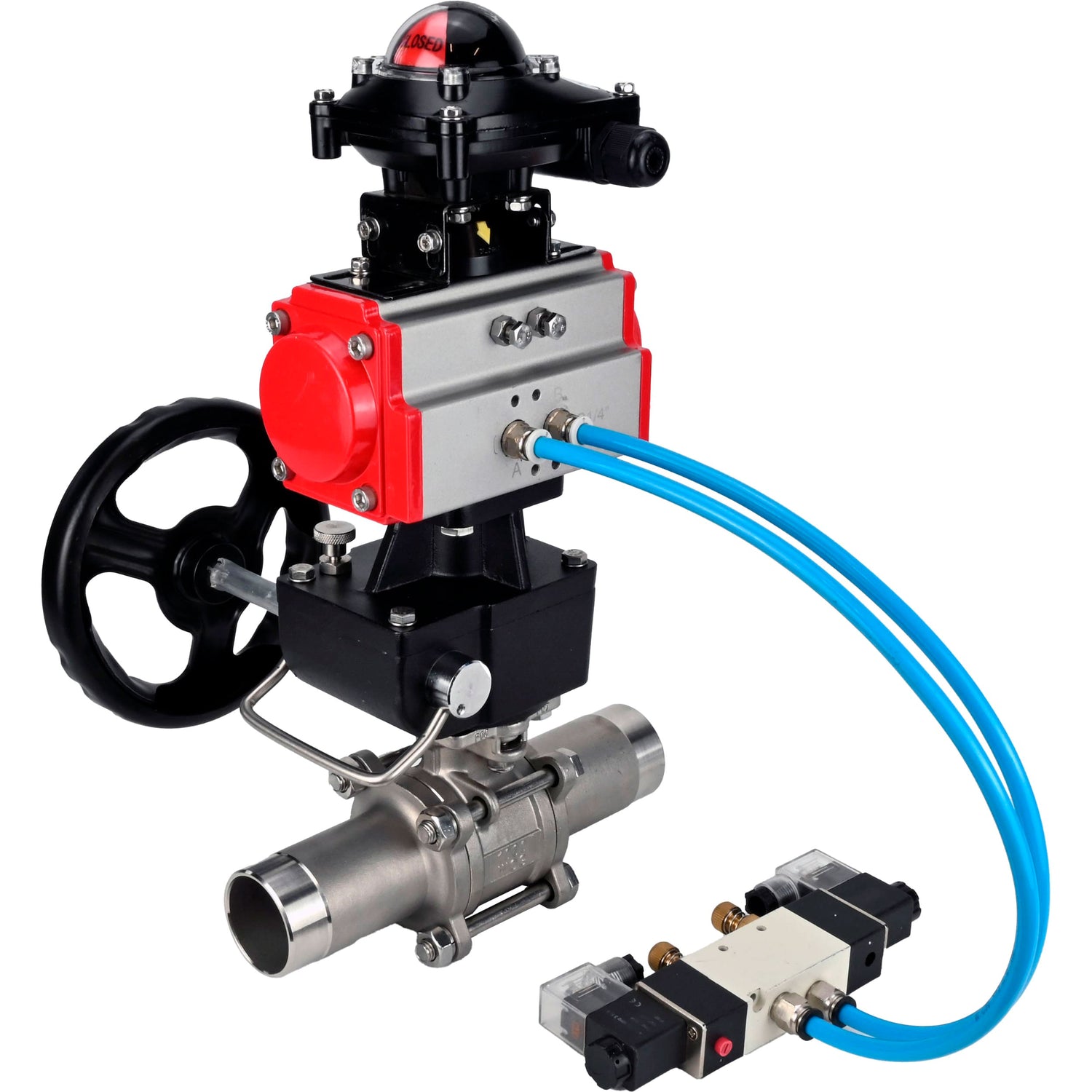 Ball valves Elephant BV3232P(3pc)-FP-W-ISO-H LONG,  body material - Stainless steel AISI 316, seal - PTFE / PTFE / Teflon, with pneumatic actuator double action PA-DA, 4V320-10 220V, LSU APL-210N, handwheel MON