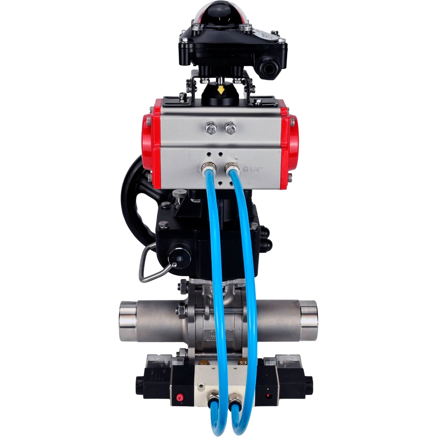 Ball valves Elephant BV3232P(3pc)-FP-W-ISO-H LONG,  body material - Stainless steel AISI 316, seal - PTFE / PTFE / Teflon, with pneumatic actuator double action PA-DA, 4V320-10 220V, LSU APL-210N, handwheel MON